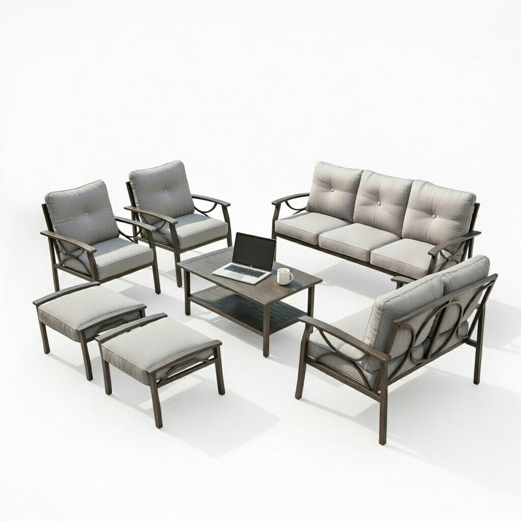 Outdoor Patio Set Steel 7 Piece Seats 9 Khaki Gray