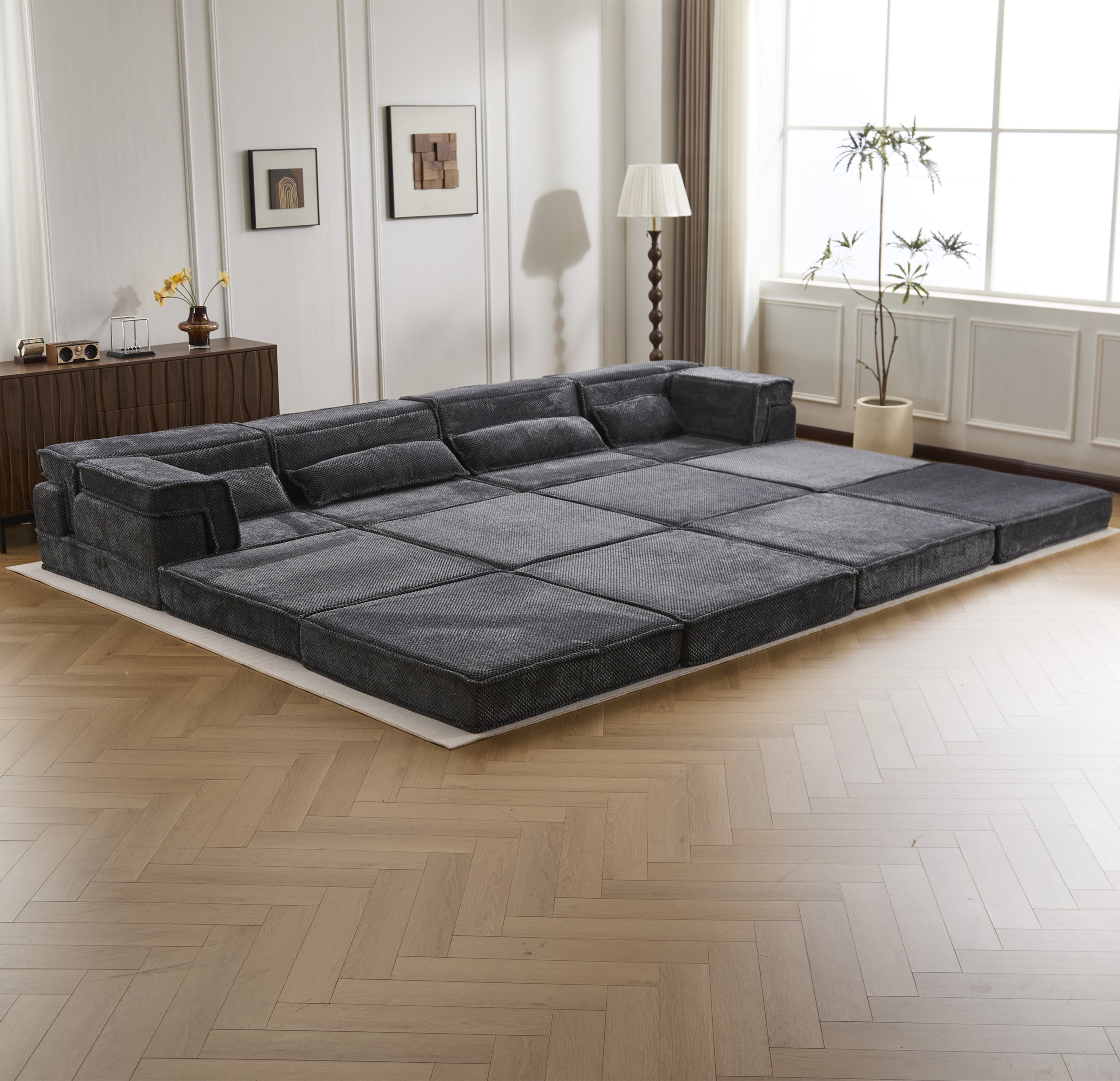 Sectional Sofa Bed Modular Circle Fleece Dark Gray 4 Seat 157 In Convertible