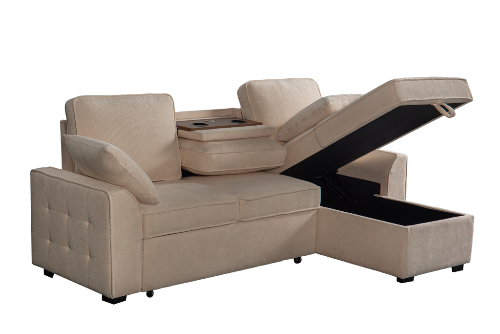 Sectional Sofa with Chaise, Cup Holder Tray & Storage