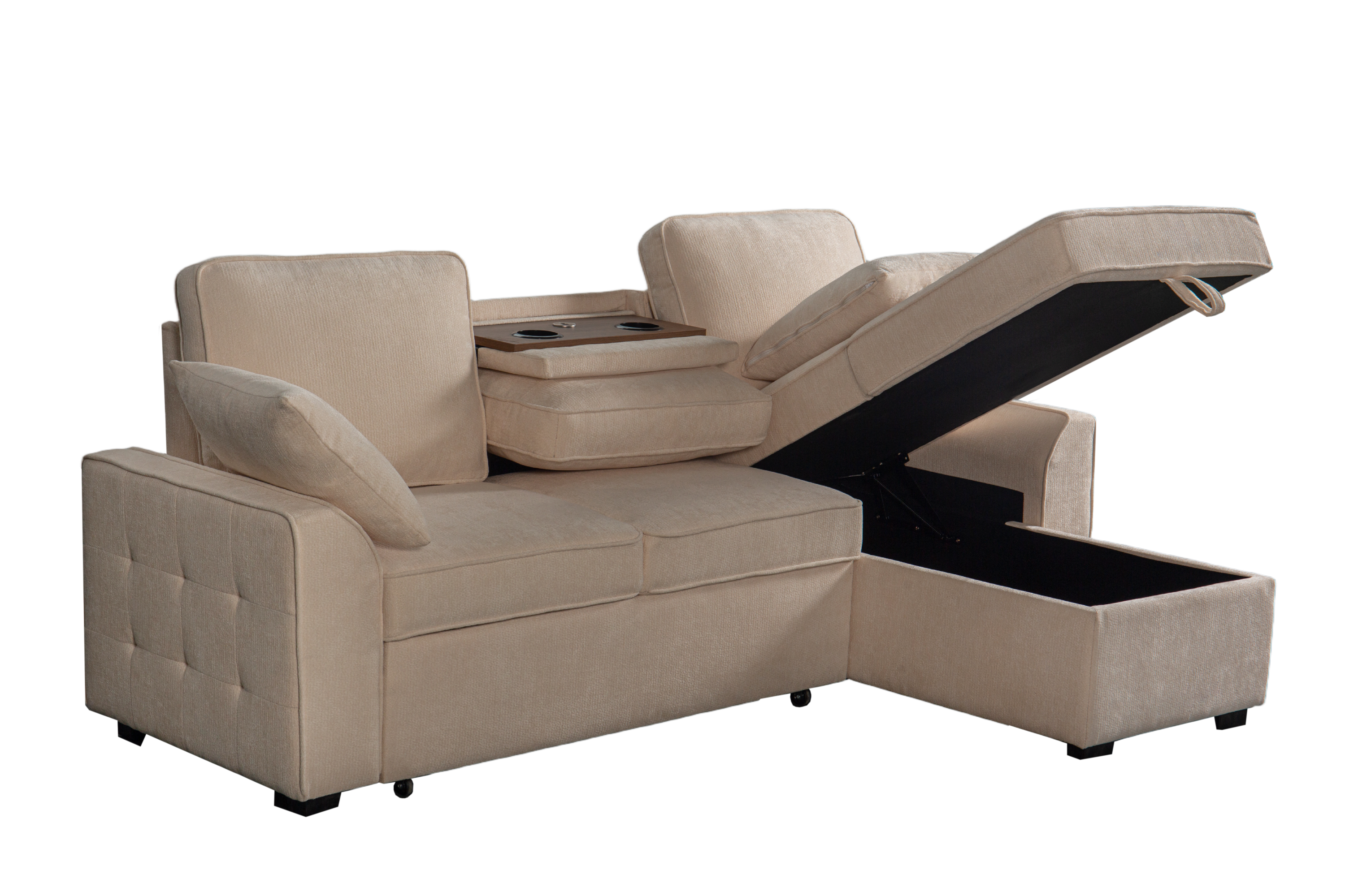 Sectional Sofa with Chaise, Cup Holder Tray & Storage