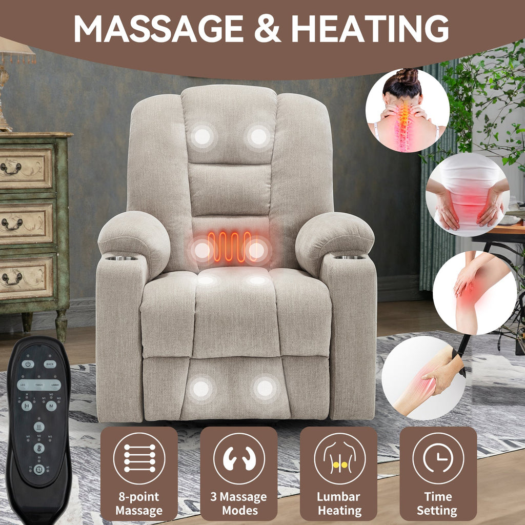 Power Lift Recliner Chair Massage Heat USB Ports Beige