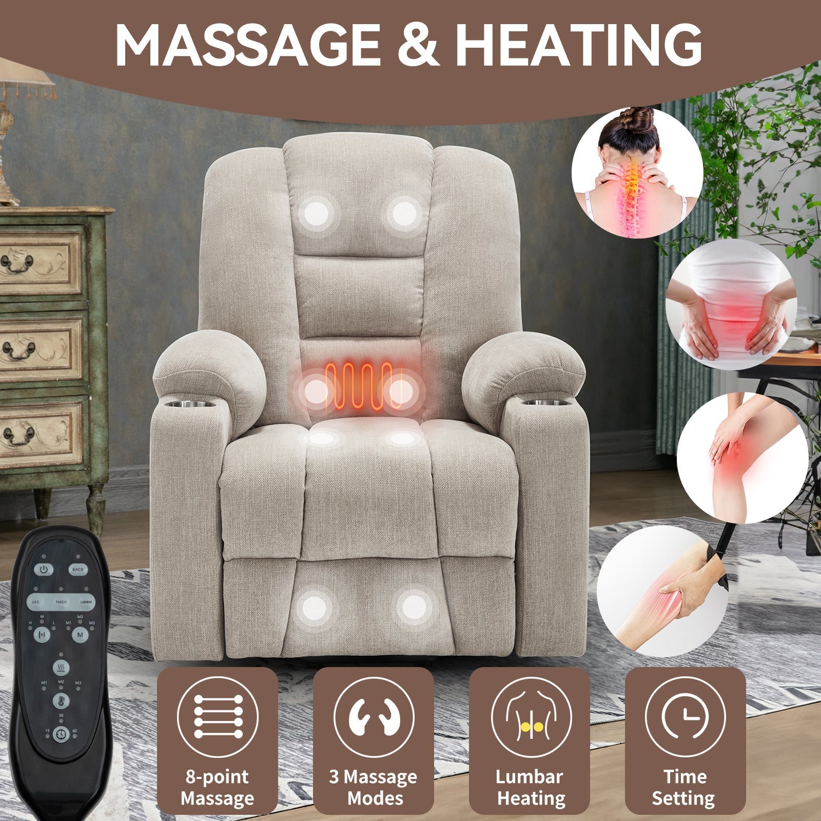 Power Lift Recliner Chair Massage Heat USB Ports Beige