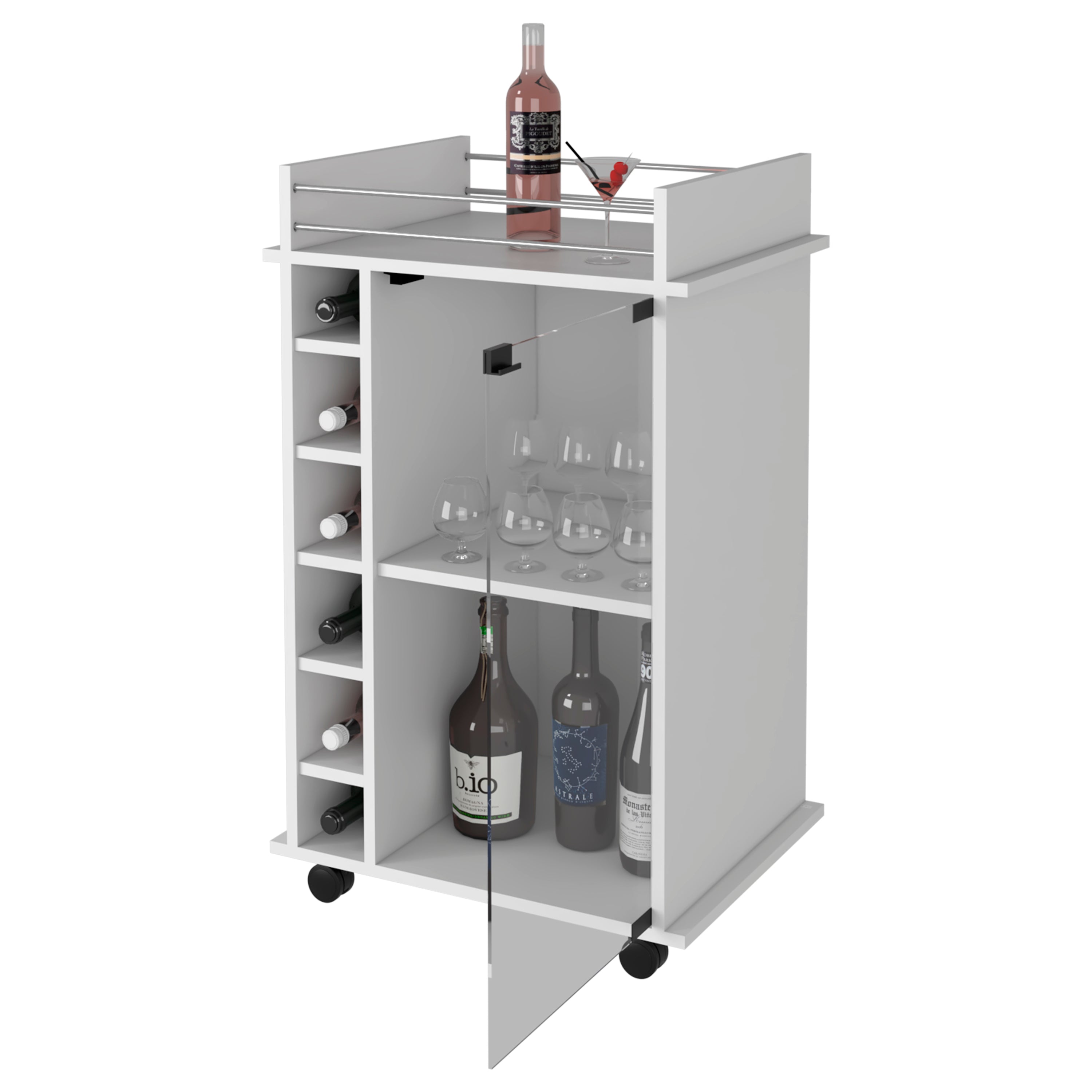 White Bar Cart Two Shelves Wine Rack Four Casters