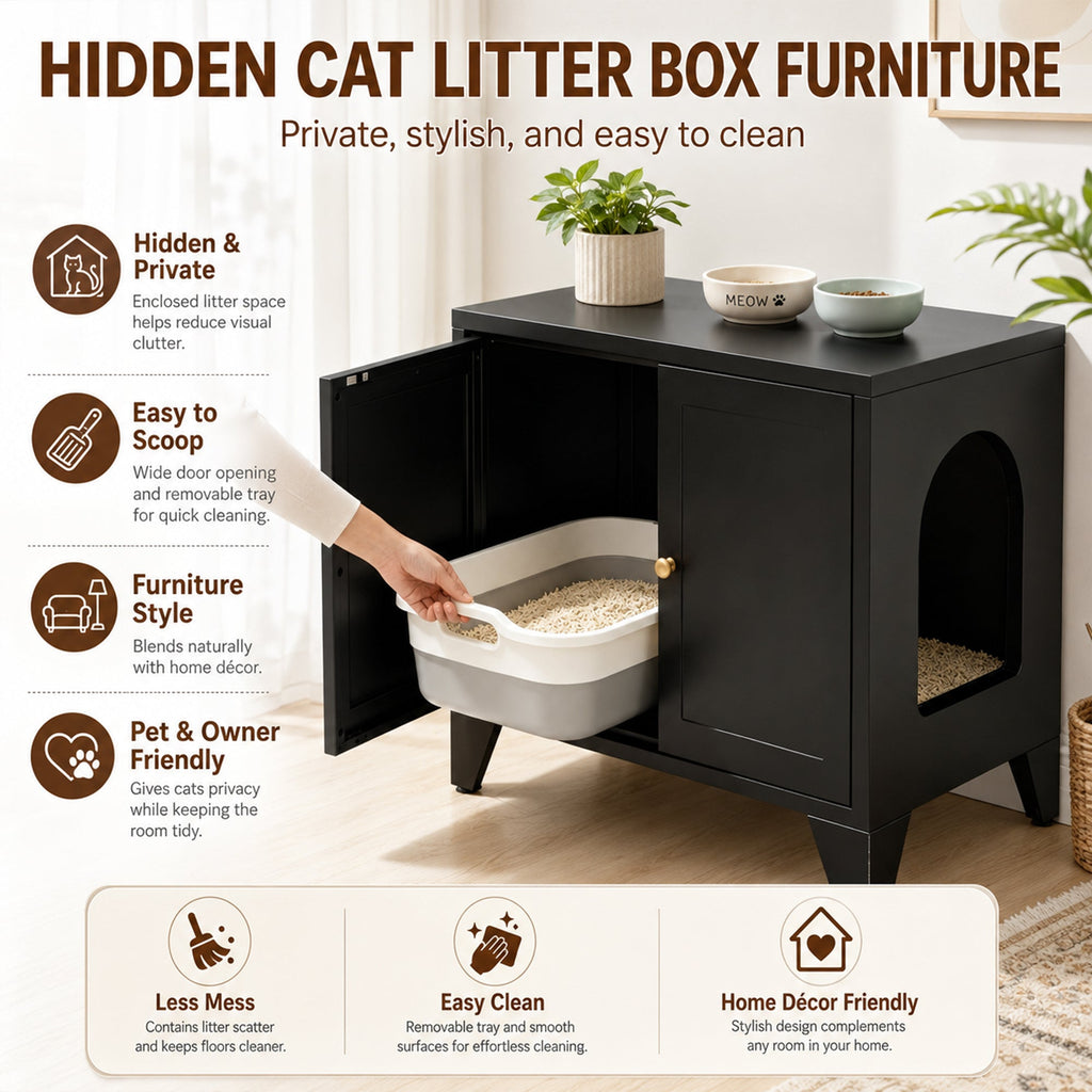 Modern Black Metal Cat Litter Box Enclosure Cabinet Furniture