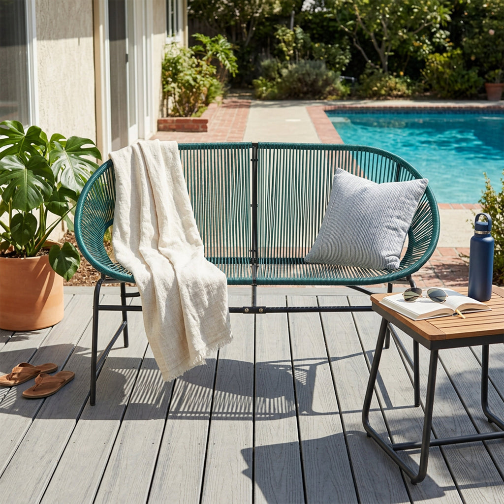 Green PE Rattan Outdoor Patio Wicker Loveseat with Iron Frame