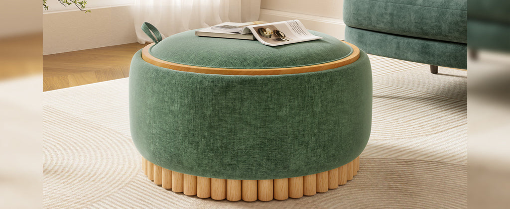 29 Inch Round Storage Ottoman Solid Rubberwood Legs Chenille, Green