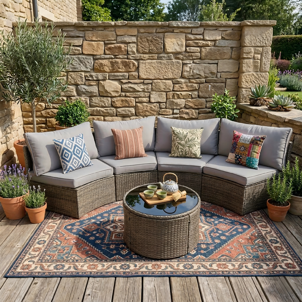 Outdoor Sectional Set PE Rattan Steel Gray 8 Piece Half Moon Seats 6