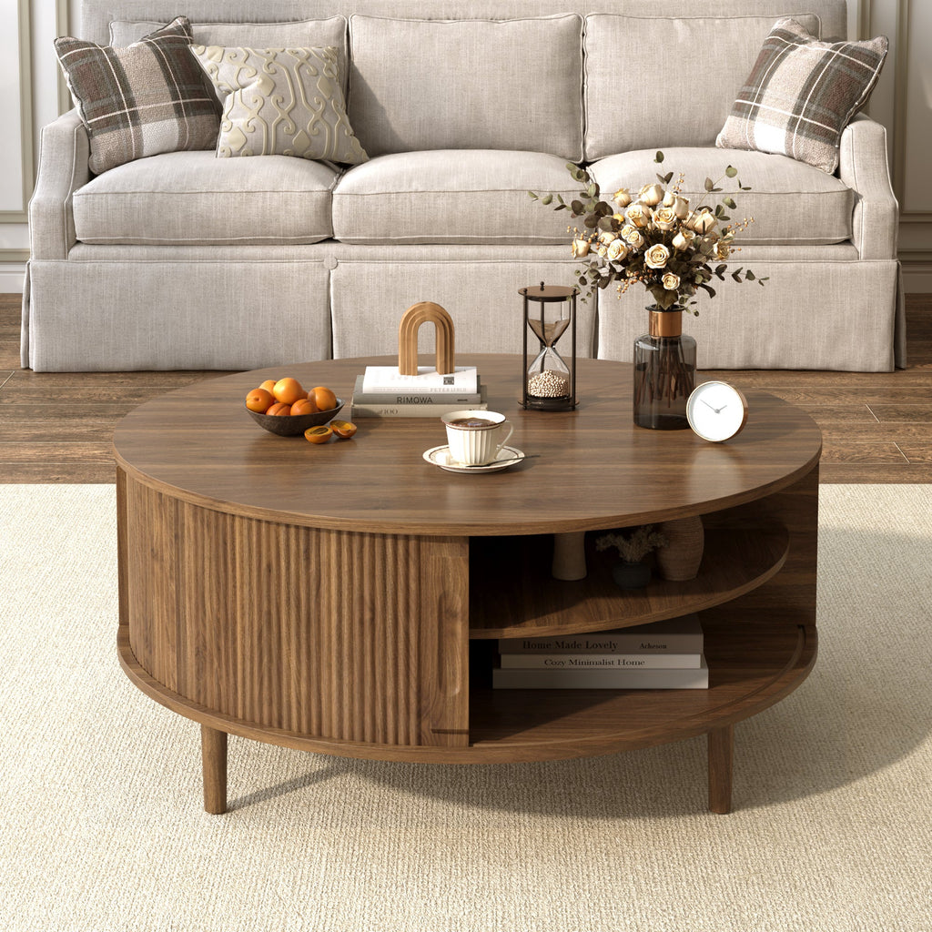 Round Lift-Top Coffee Table with Hidden Storage Sliding Door