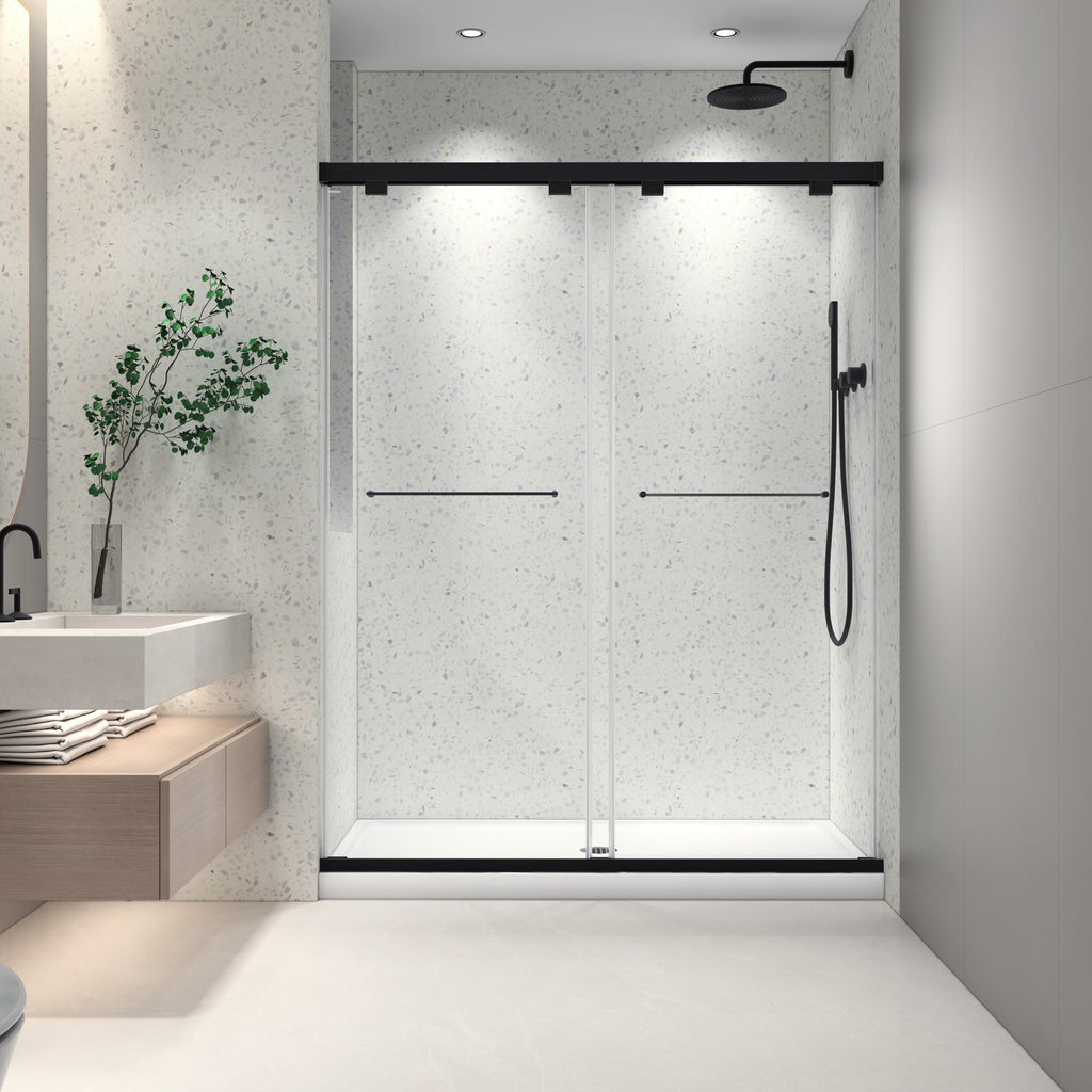 54" Frameless Double Sliding Shower Door Matte Black 8mm Tempered Glass