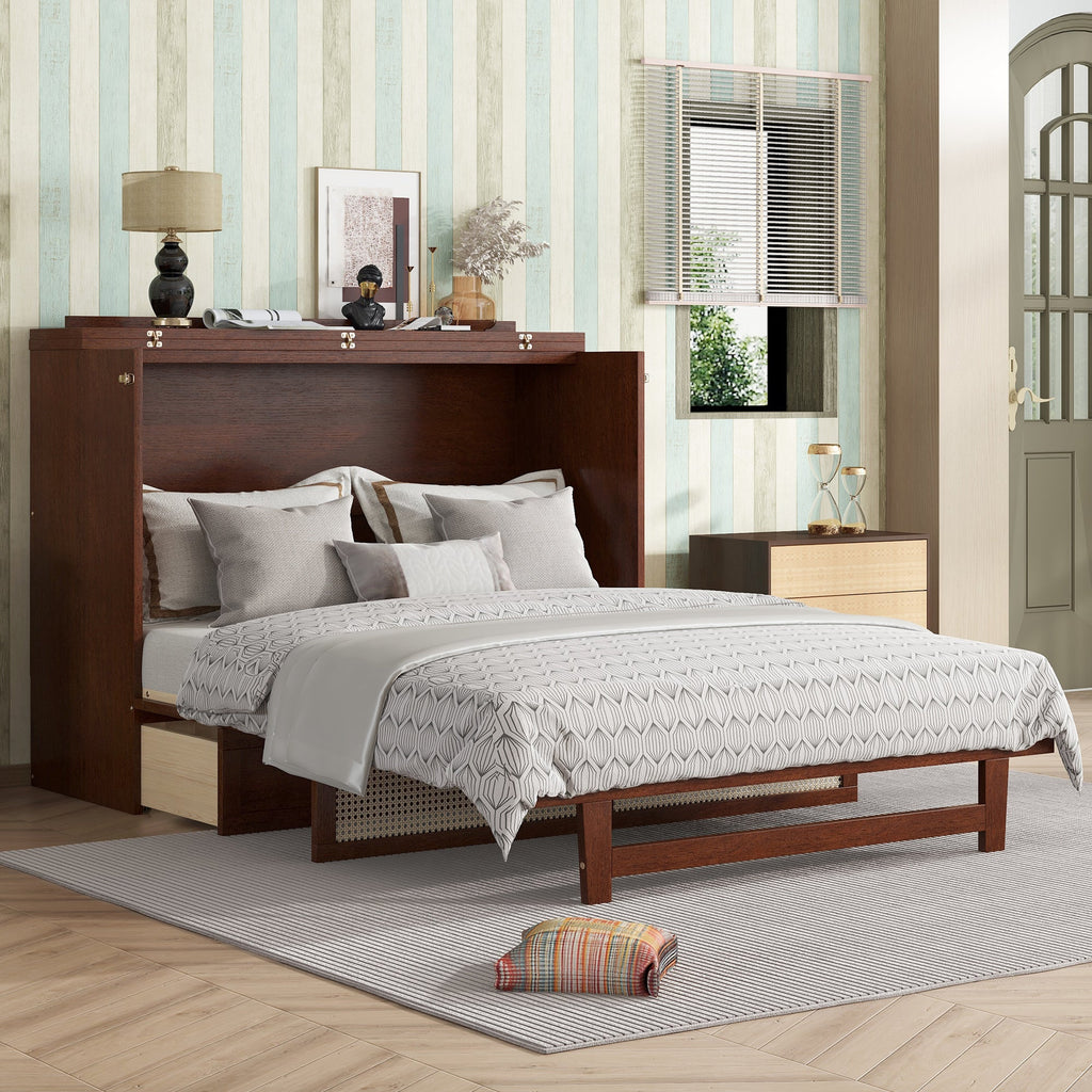 Queen Size Pine Wood Murphy Bed with Storage Drawer