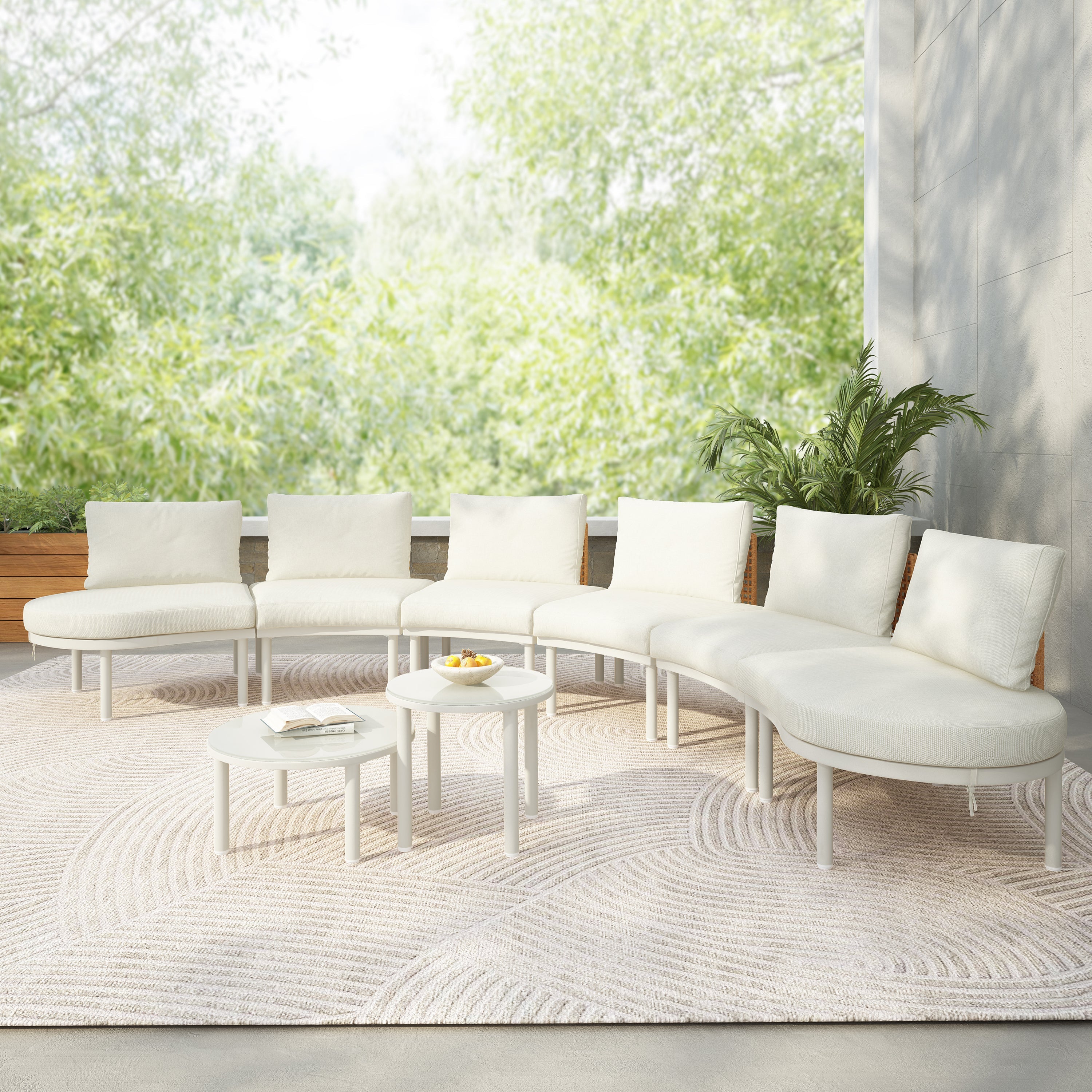 Outdoor Sectional Set PE Wicker Aluminum Beige Half Moon 8 Piece