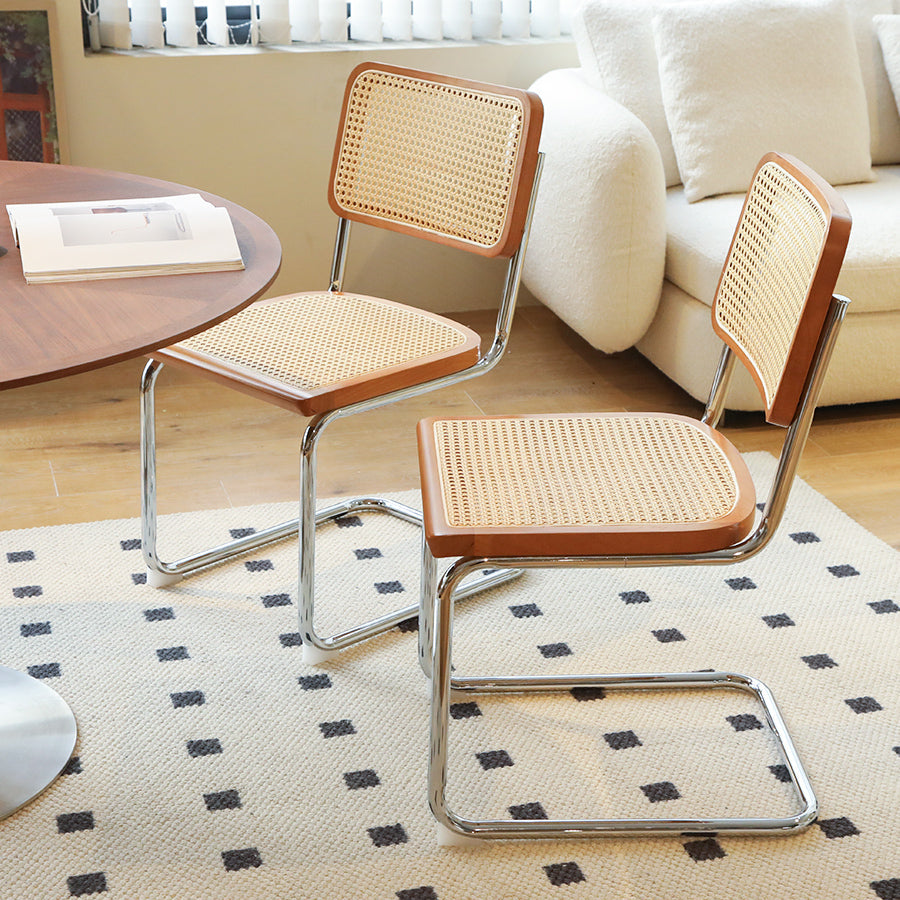 Set of 2 Rattan Side Chairs with Chrome Legs, Mid Century Modern