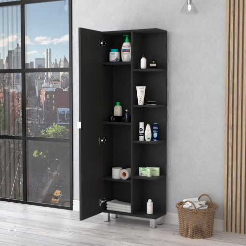Linen Cabinet with Mirror - Open Shelves - Space Saving - Black