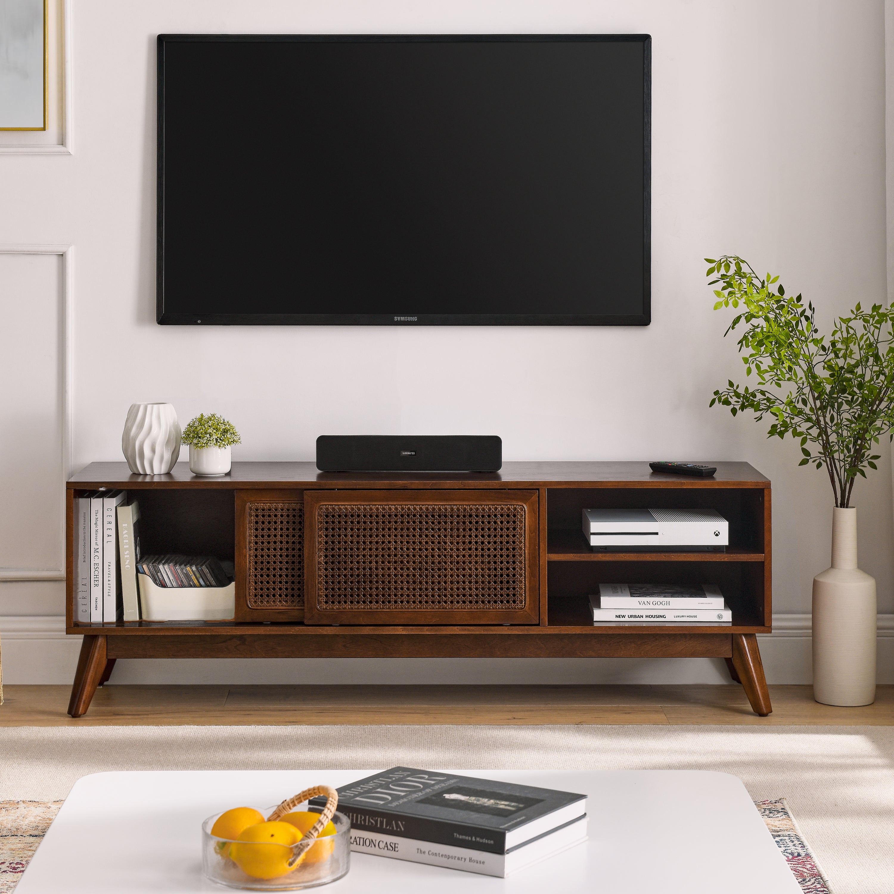 59" Mid Century Modern Rattan TV Stand with Wood Feet