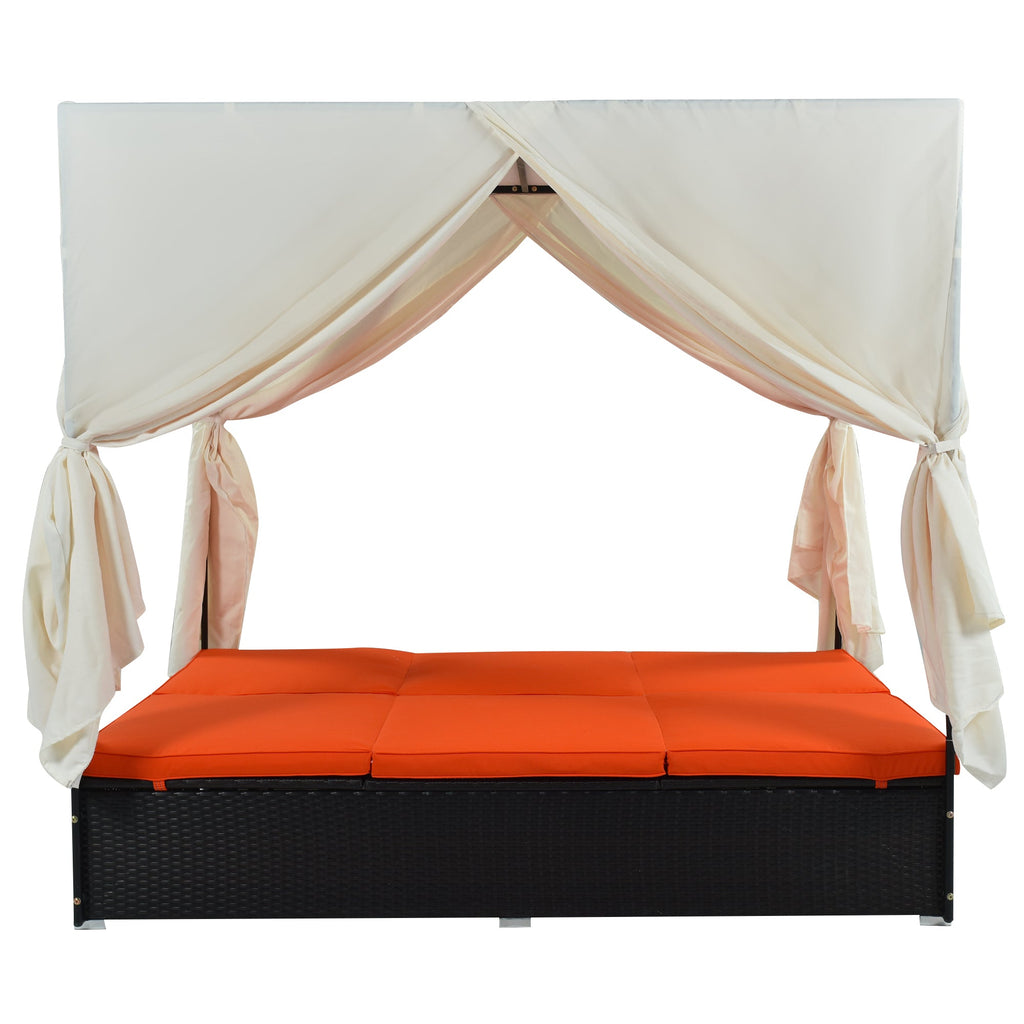 Outdoor Double Chaise Lounge Daybed with Curtains,Patio Outdoor Sunbed with