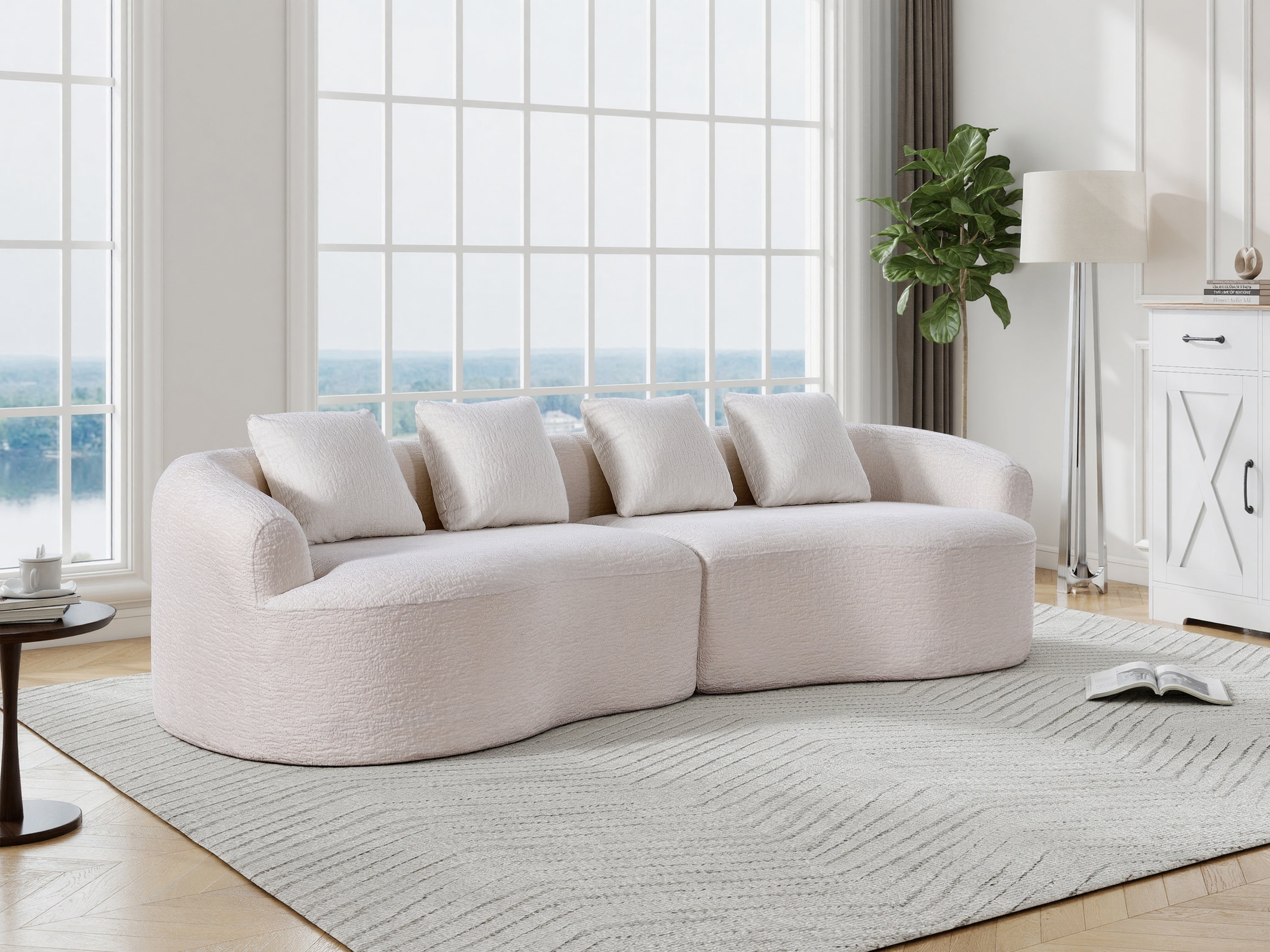 110" Curved Modular Sofa Bed, Green Chenille, 4-Seater