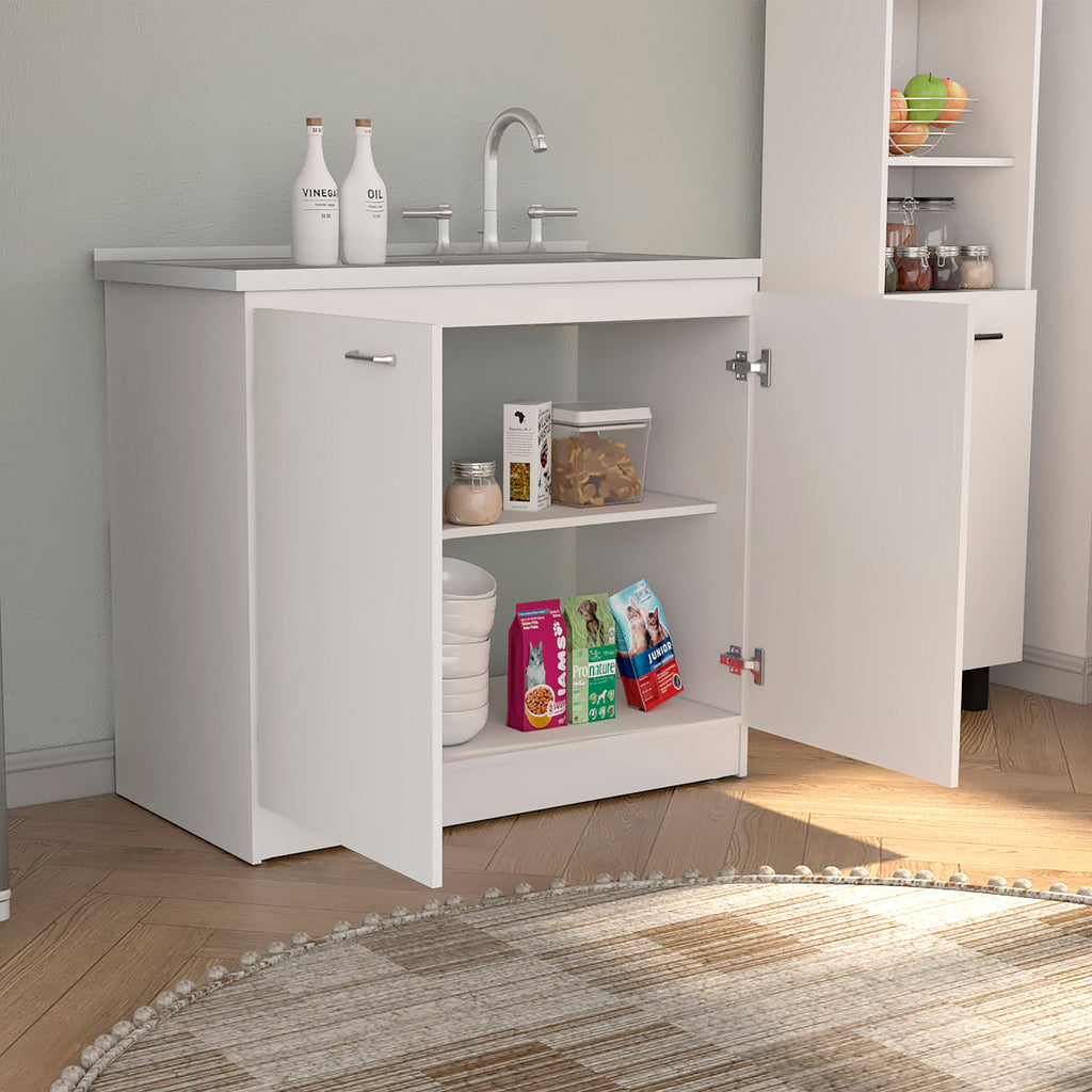 White Double Door Utility Sink Cabinet with Shelf