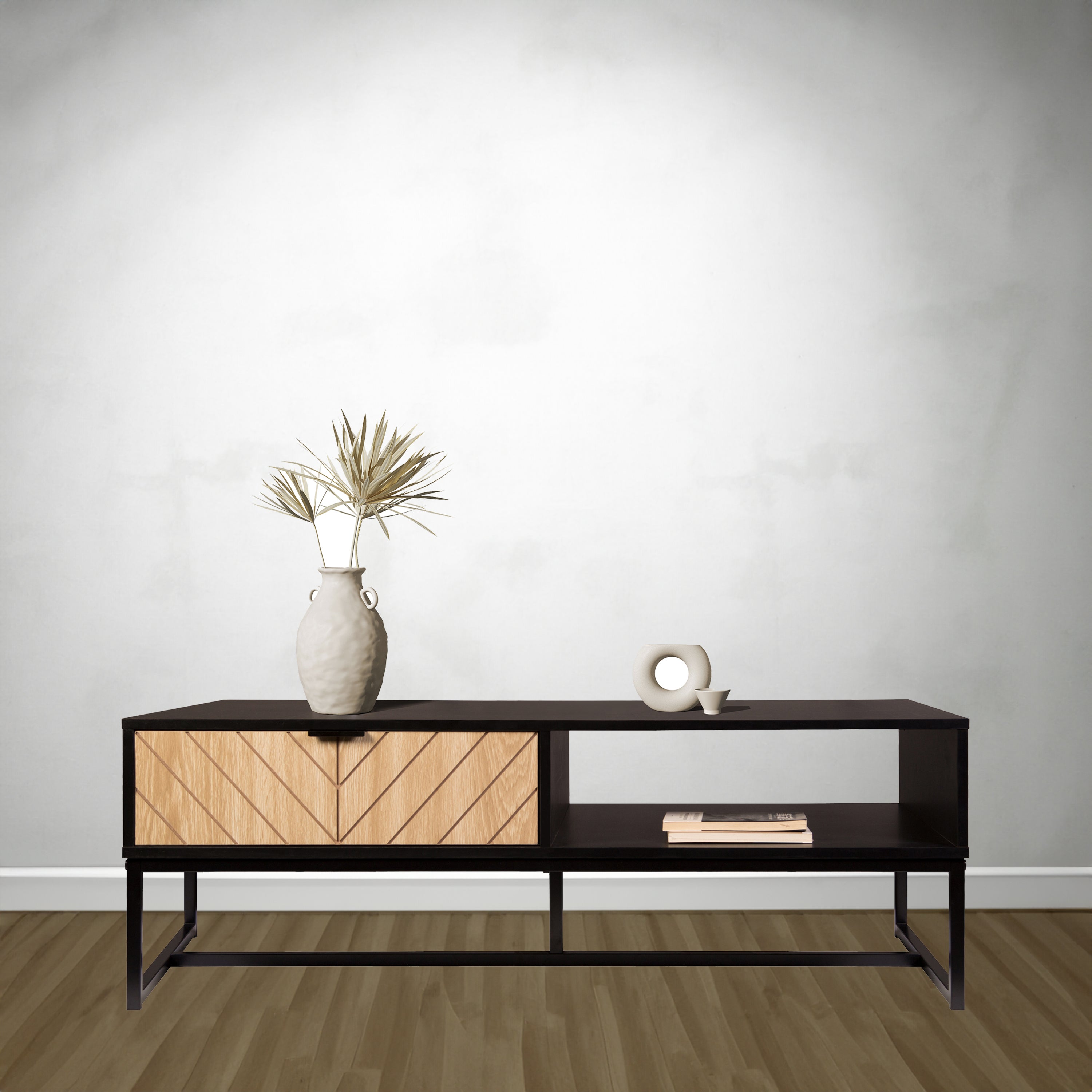 Black TV Stand with Wood Drawer and Storage Cubby