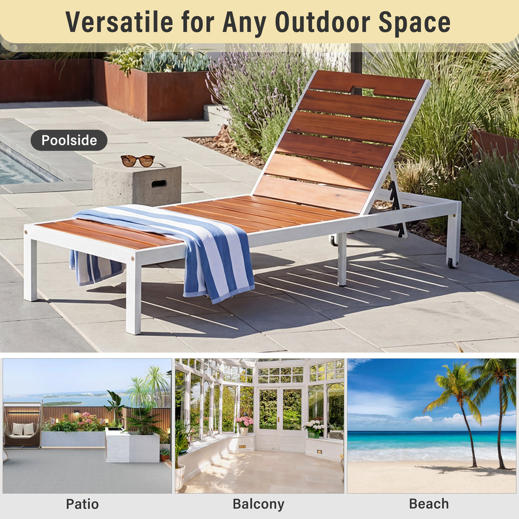 Outdoor Chaise Lounge Acacia Wood Steel Frame White Brown 78.7