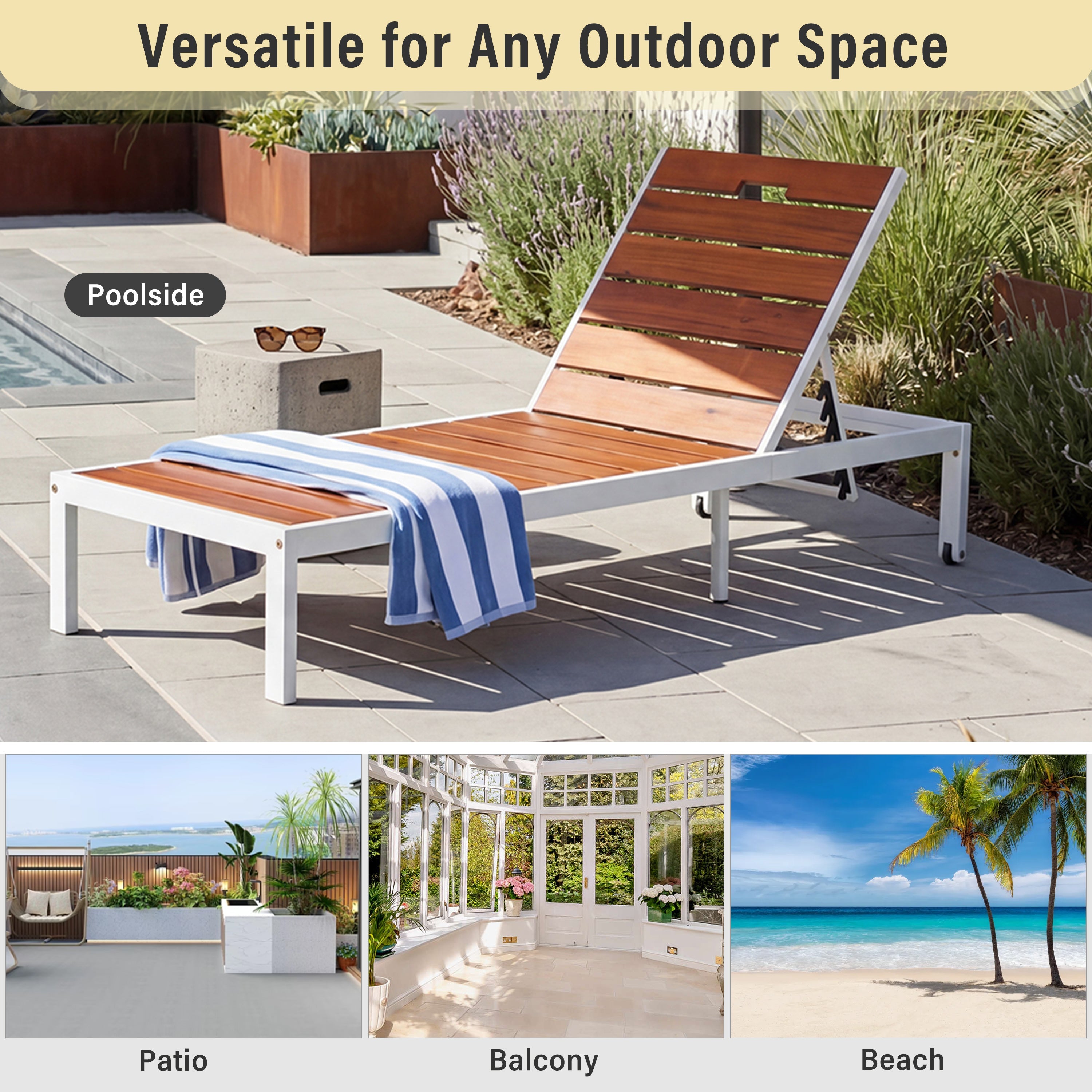 Outdoor Chaise Lounge Acacia Wood Steel Frame White Brown 78.7