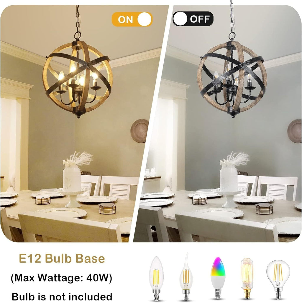 Chandelier Farmhouse 4-Light Rustic Wood Adjustable Kitchen Living
