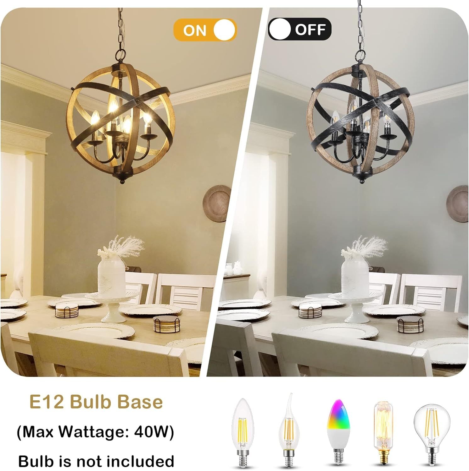 Chandelier Farmhouse 4-Light Rustic Wood Adjustable Kitchen Living