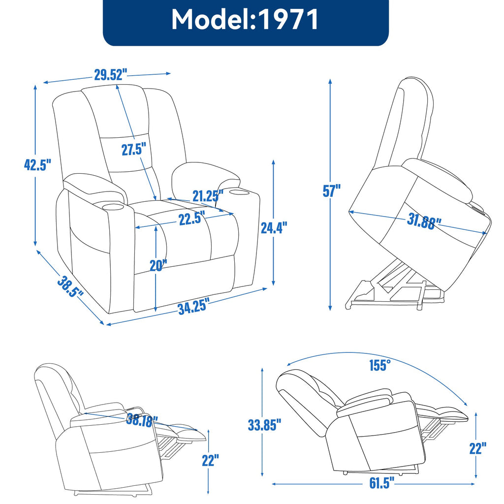 Power Lift Recliner Chair Massage Heat USB Ports Beige