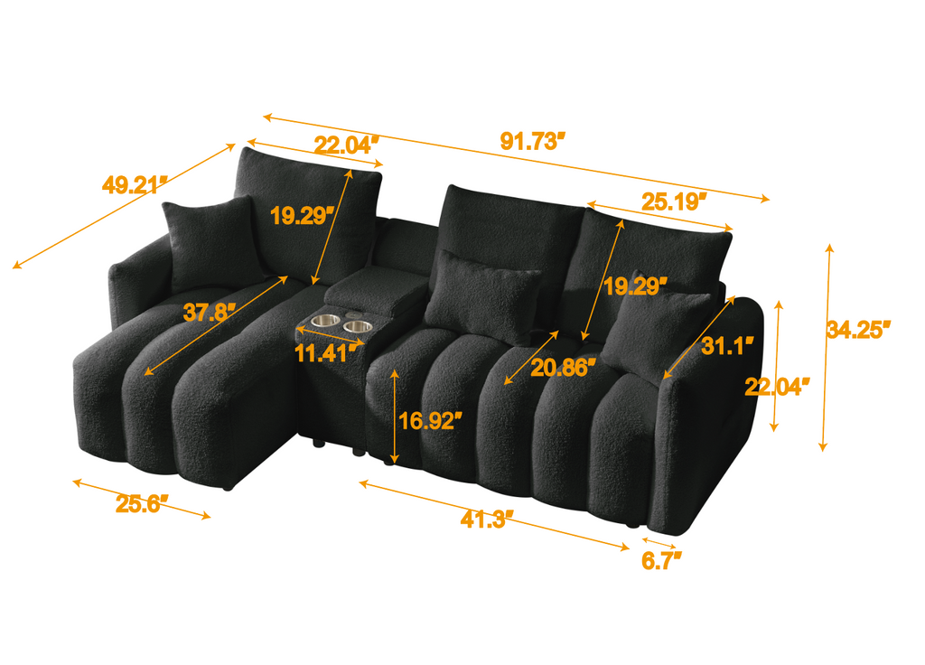Sectional Sofa Teddy Fabric Black Console USB Cup Holder 3 Seat 330 LB