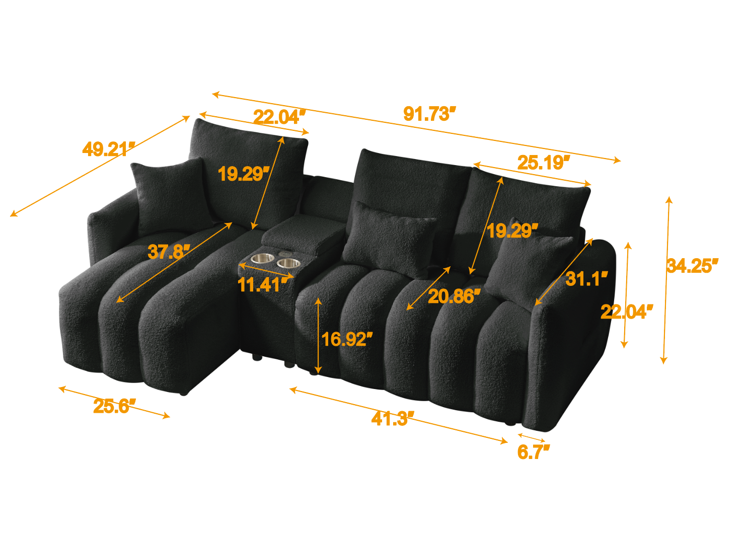 Sectional Sofa Teddy Fabric Black Console USB Cup Holder 3 Seat 330 LB