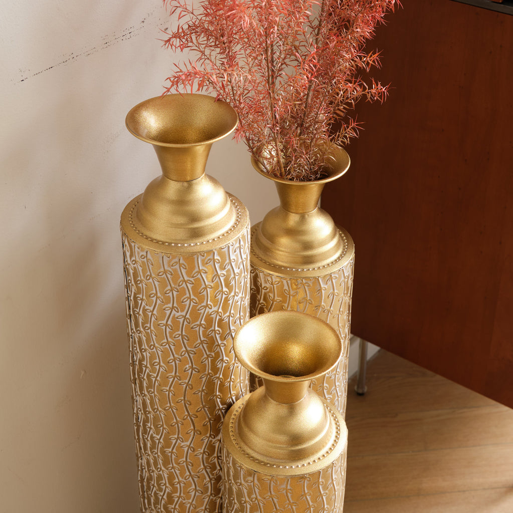 Set of 3 Gold Distressed Metal Vases with Vine Pattern 34
