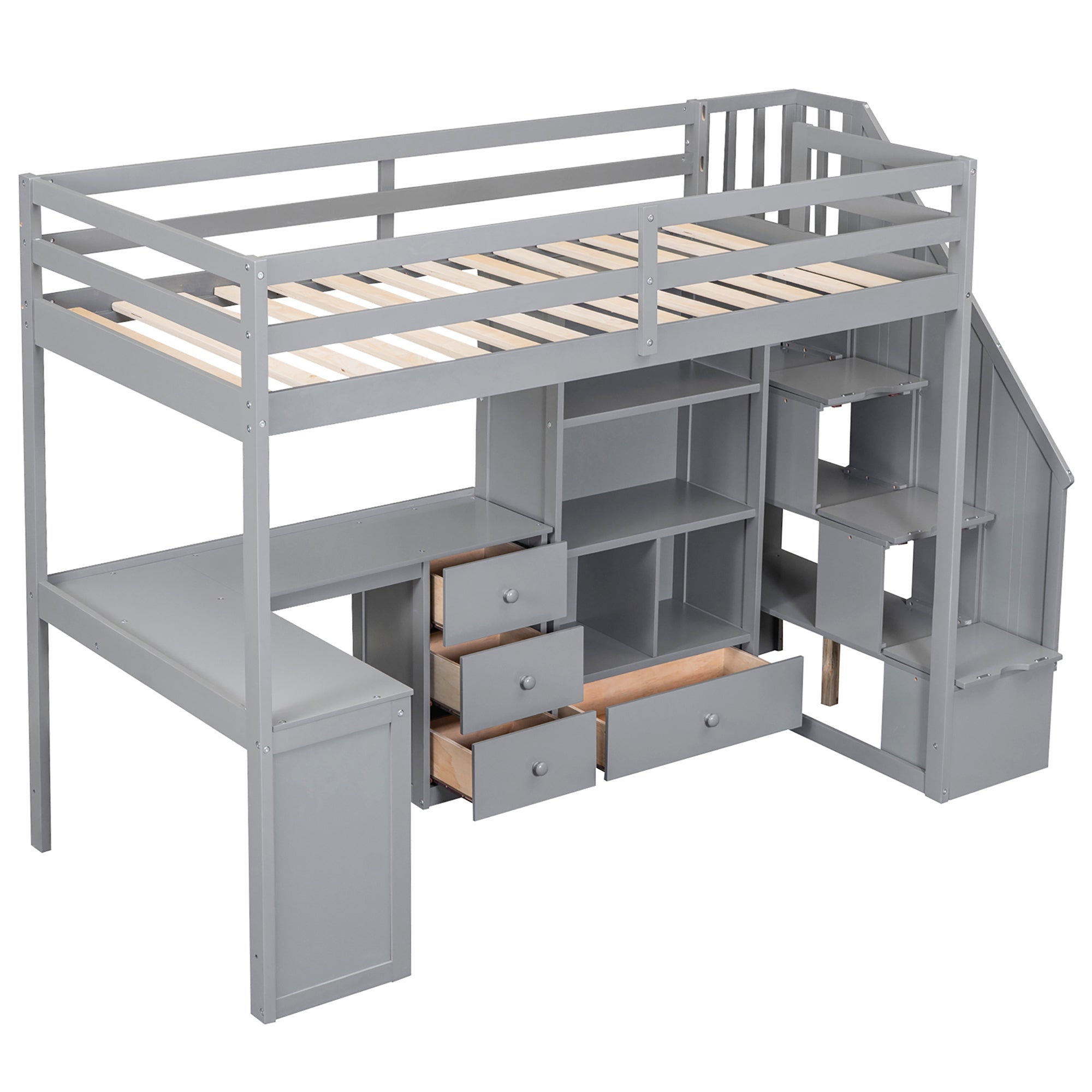 Gray Twin Size Loft Bed with L-Shaped Desk, Drawers, Cabinet and Storage Stai...