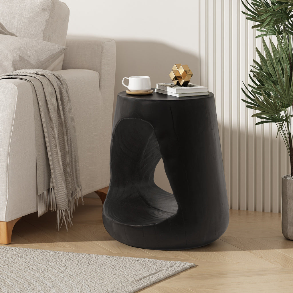 MGO Hollow Side Table, Wood-like Texture, Black, Durable Weather Resistant