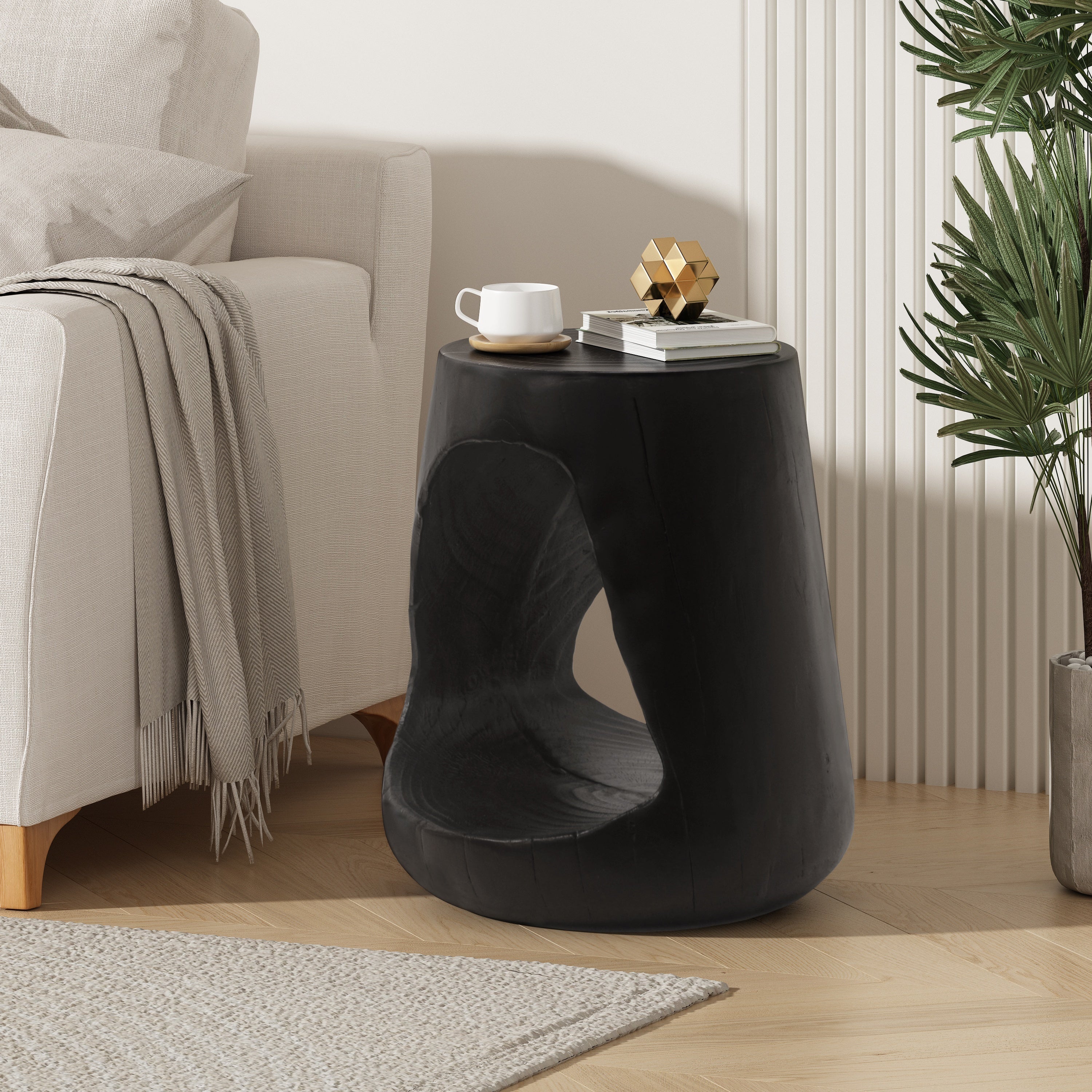 MGO Hollow Side Table, Wood-like Texture, Black, Durable Weather Resistant