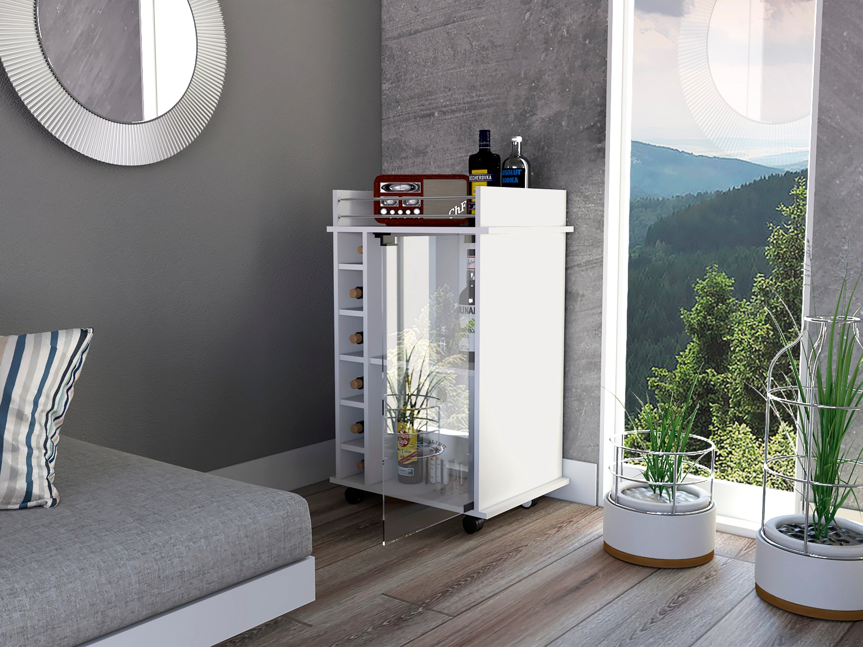 White Bar Cart Two Shelves Wine Rack Four Casters