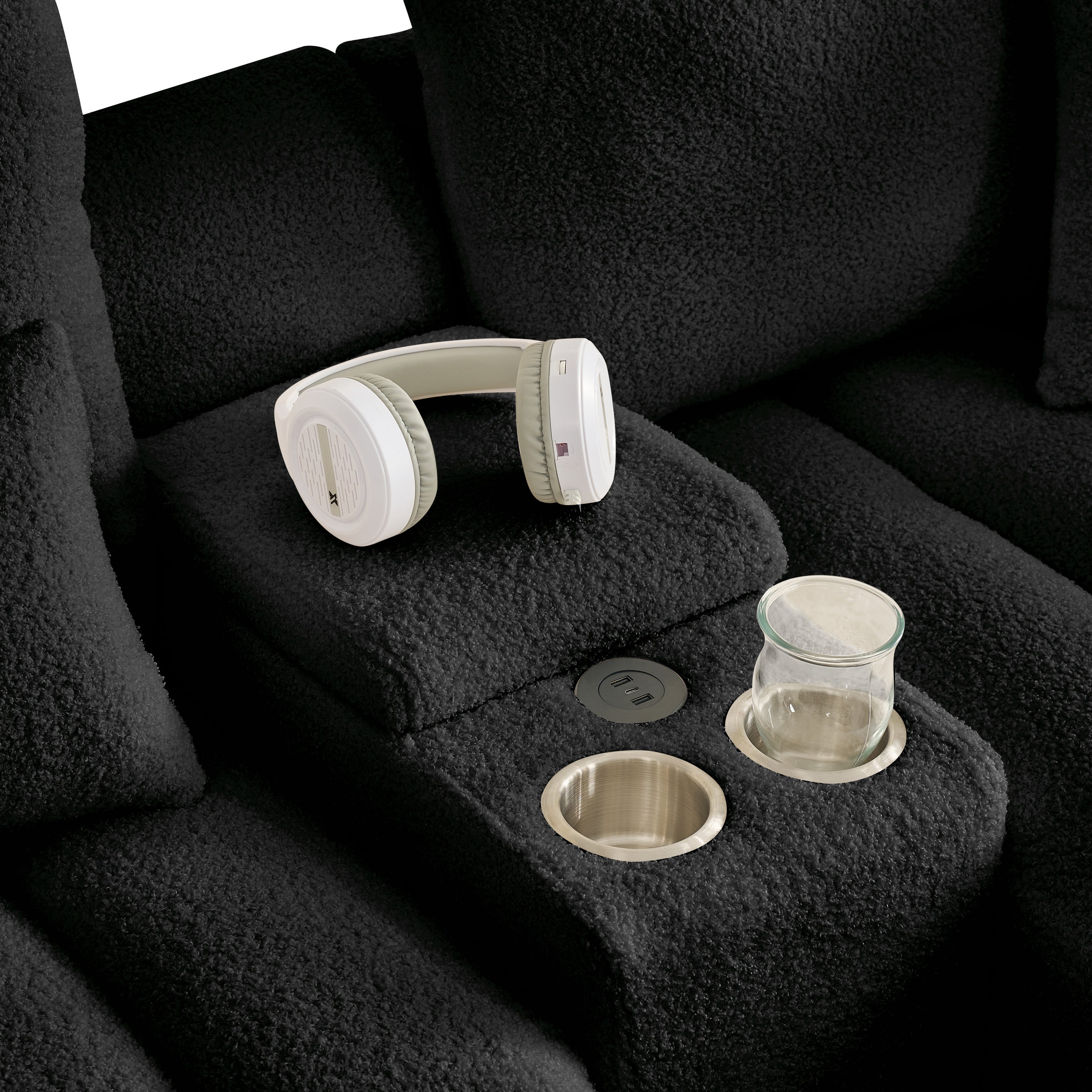 Sectional Sofa Teddy Fabric Black Console USB Cup Holder 3 Seat 330 LB