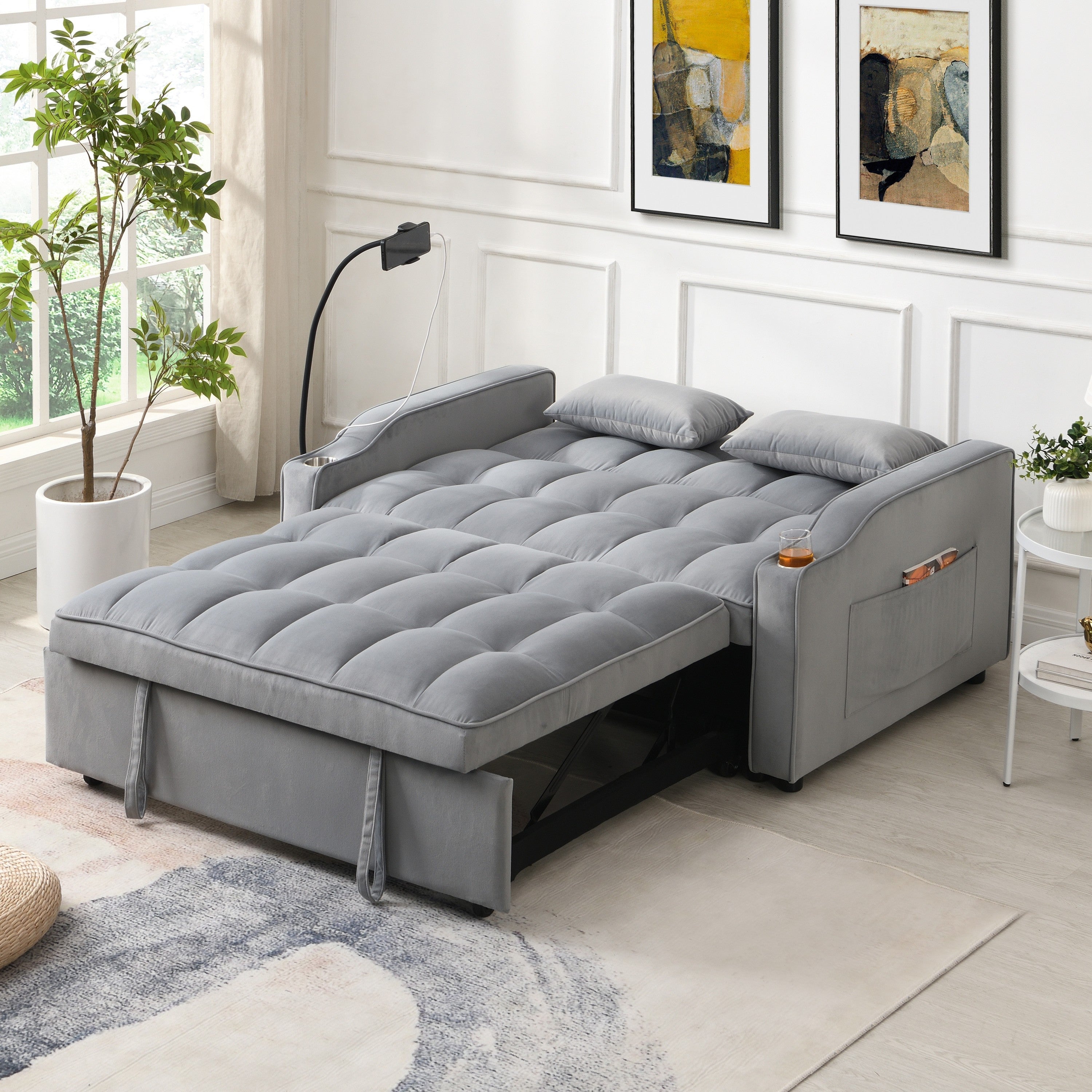 Modern Velvet Loveseat Futon Sofa Bed with Reclining Back