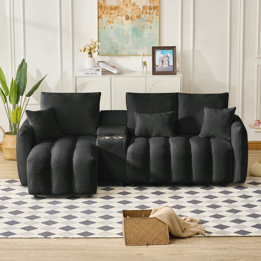 Sectional Sofa Teddy Fabric Black Console USB Cup Holder 3 Seat 330 LB