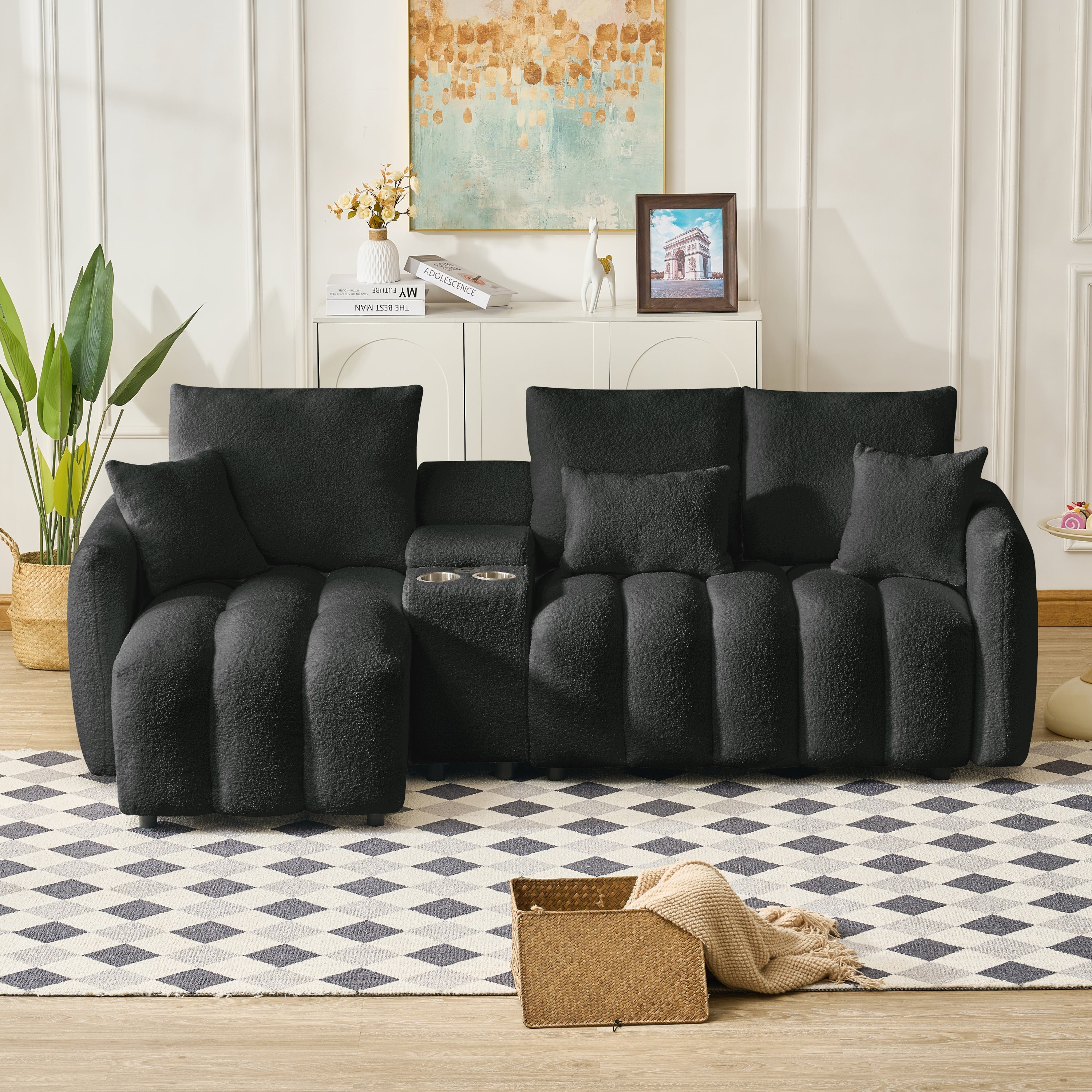 Sectional Sofa Teddy Fabric Black Console USB Cup Holder 3 Seat 330 LB