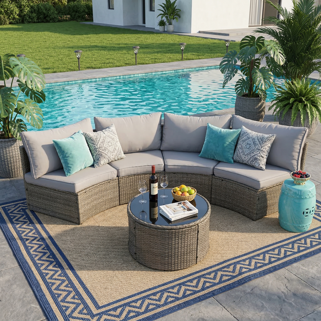Outdoor Sectional Set PE Rattan Steel Gray 8 Piece Half Moon Seats 6
