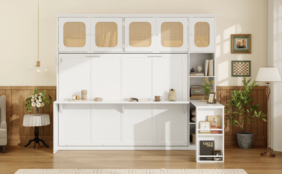 Murphy Bed with Desk and Rattan Cabinets, Warm White