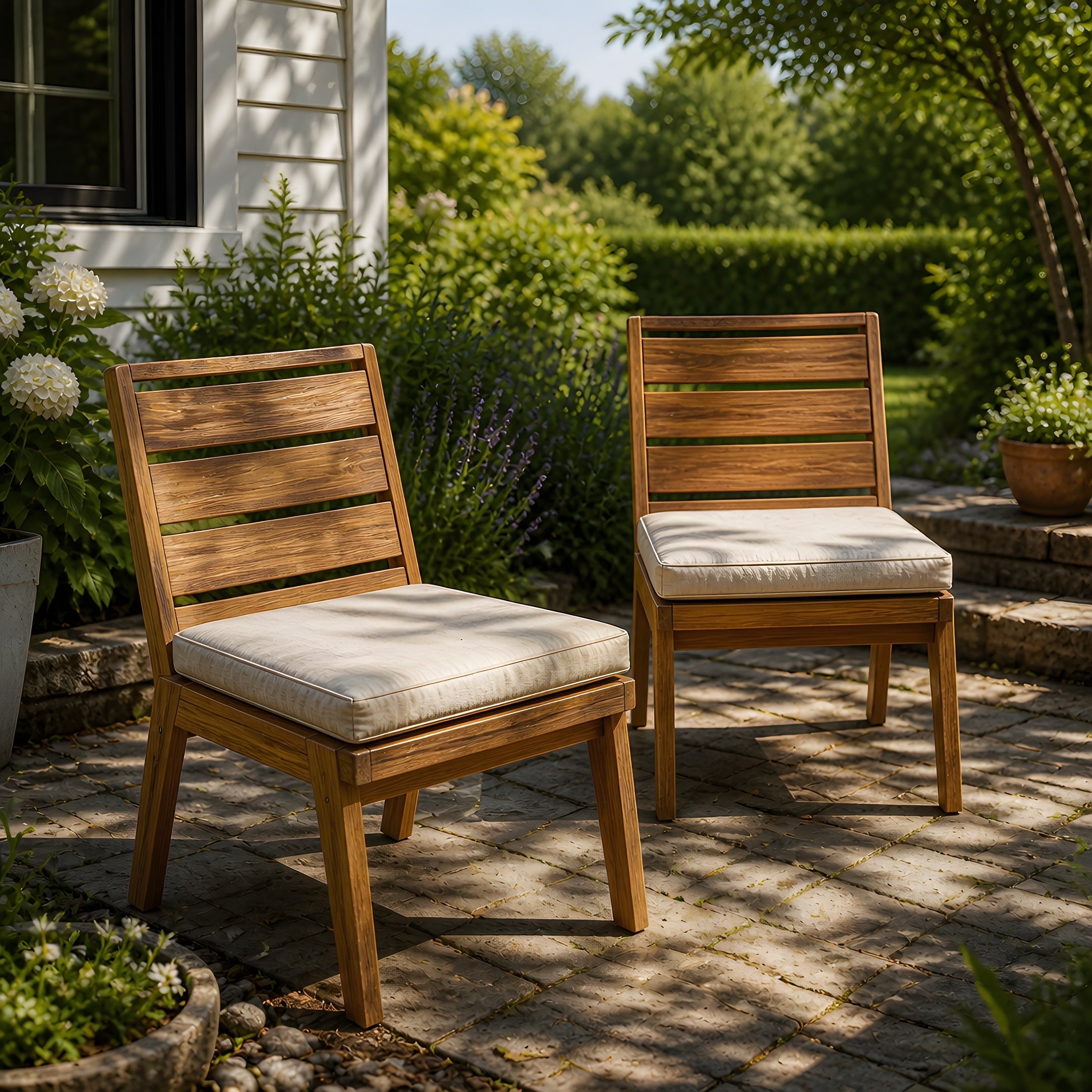 Outdoor Dining Chairs Set of 2 Acacia Wood Patio Beige Cushion