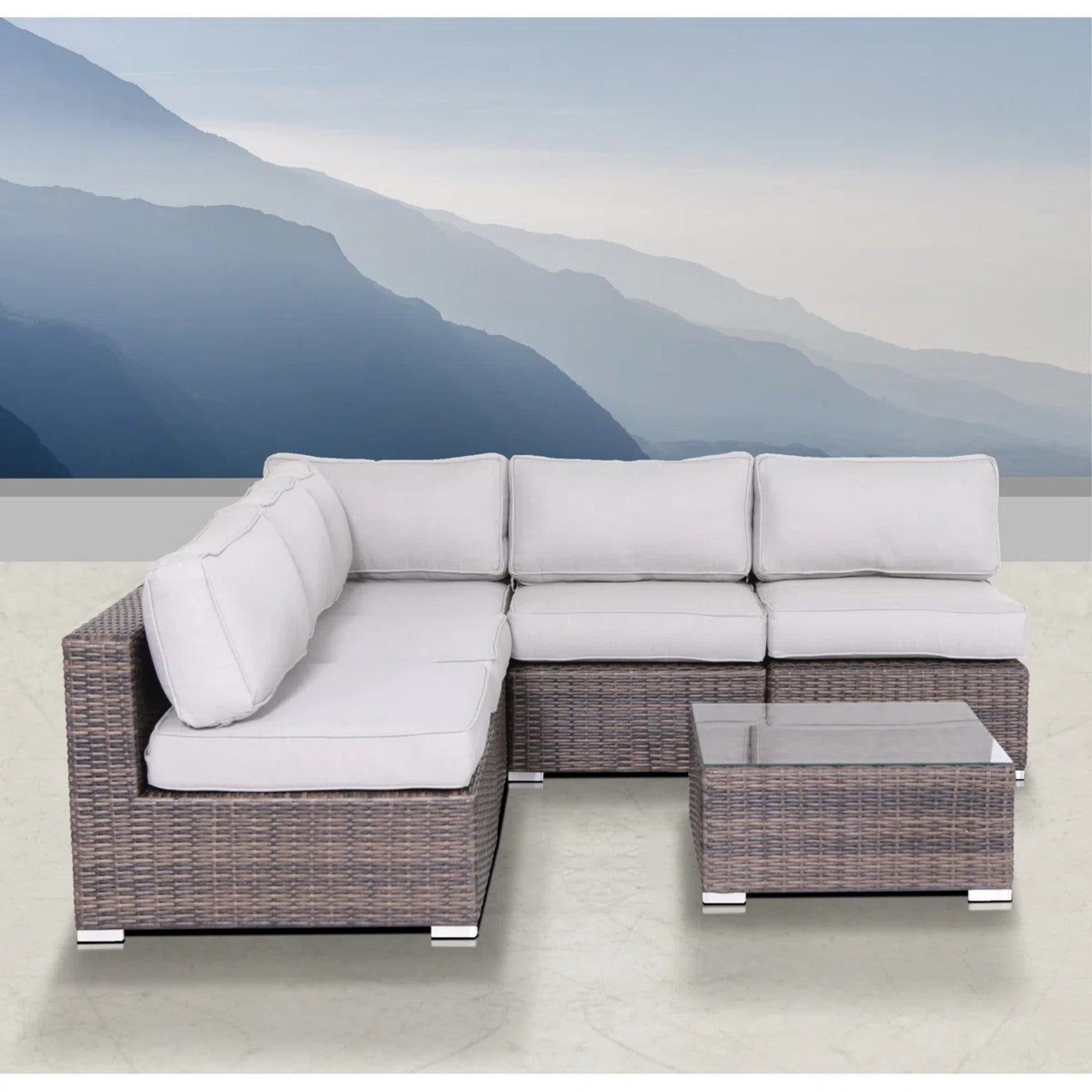 Outdoor Sofa Set HDPE Wicker Brown Gray 3 Piece Sofa Sectional Glass Table