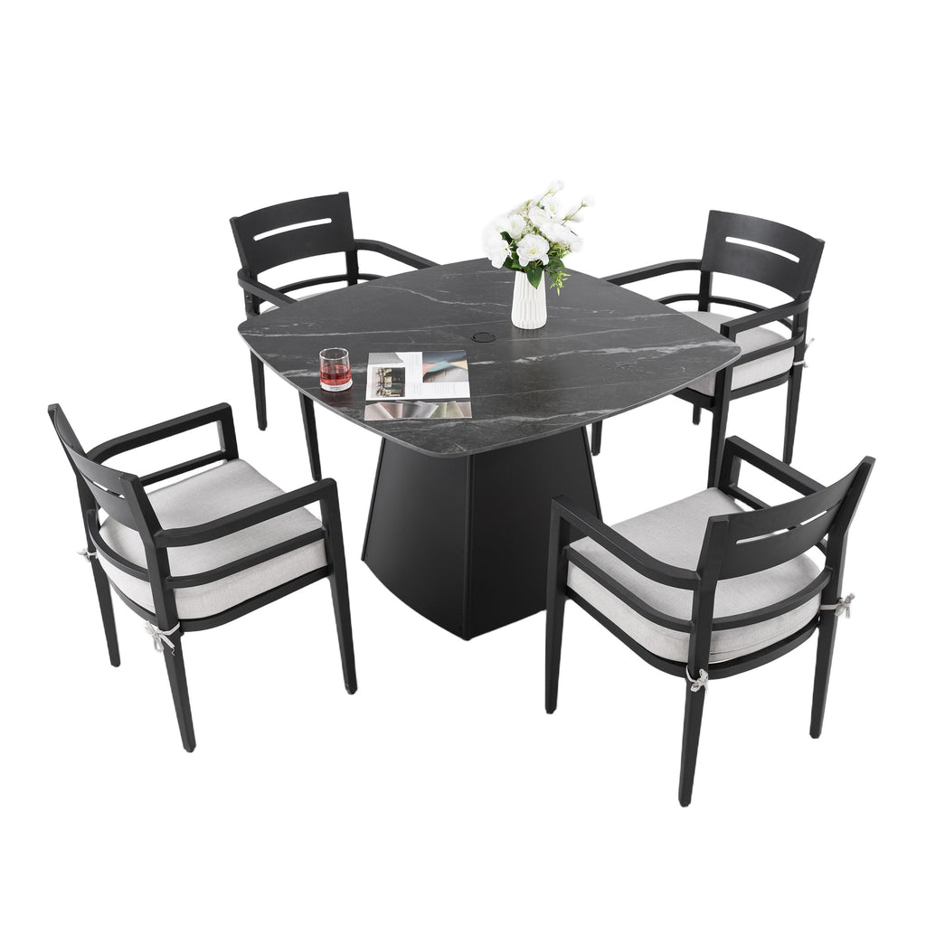 5-Piece Outdoor Dining Set 44" Sintered Stone Table Armchairs