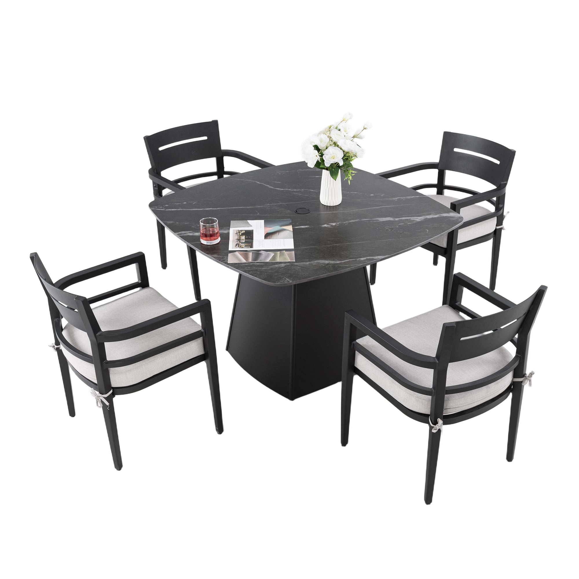5-Piece Outdoor Dining Set 44" Sintered Stone Table Armchairs