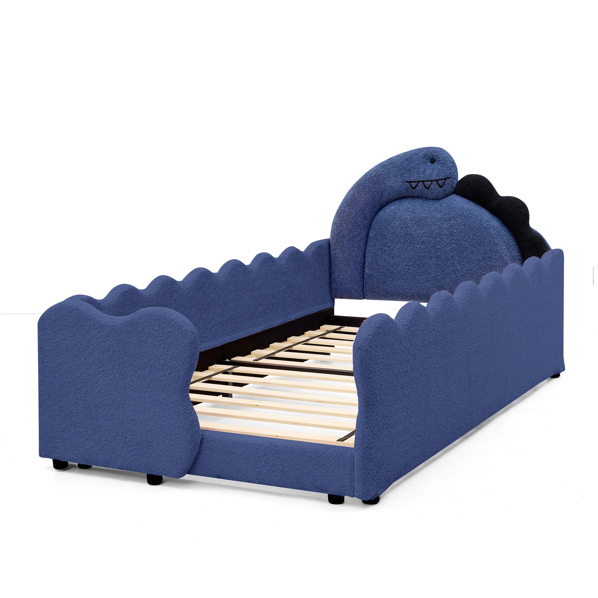 Twin Size Dinosaur Kids Bed Frame, Navy Blue Boucle Fabric