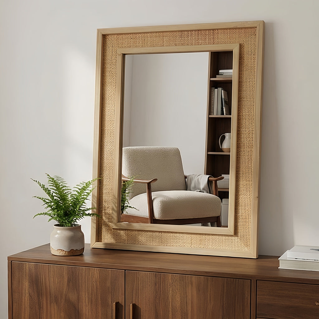 24x36 Rattan Rectangle Wood Frame Mirror