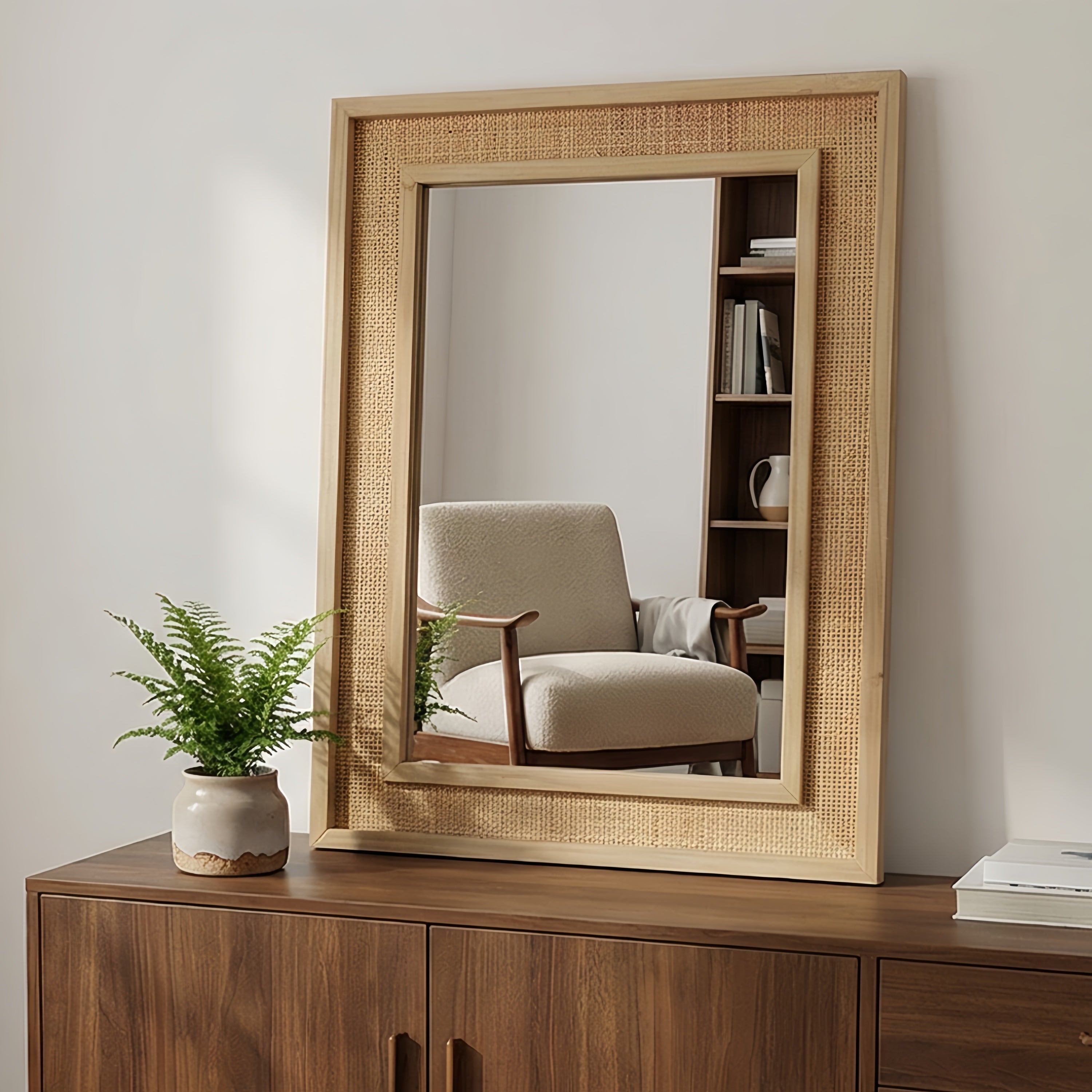 24x36 Rattan Rectangle Wood Frame Mirror