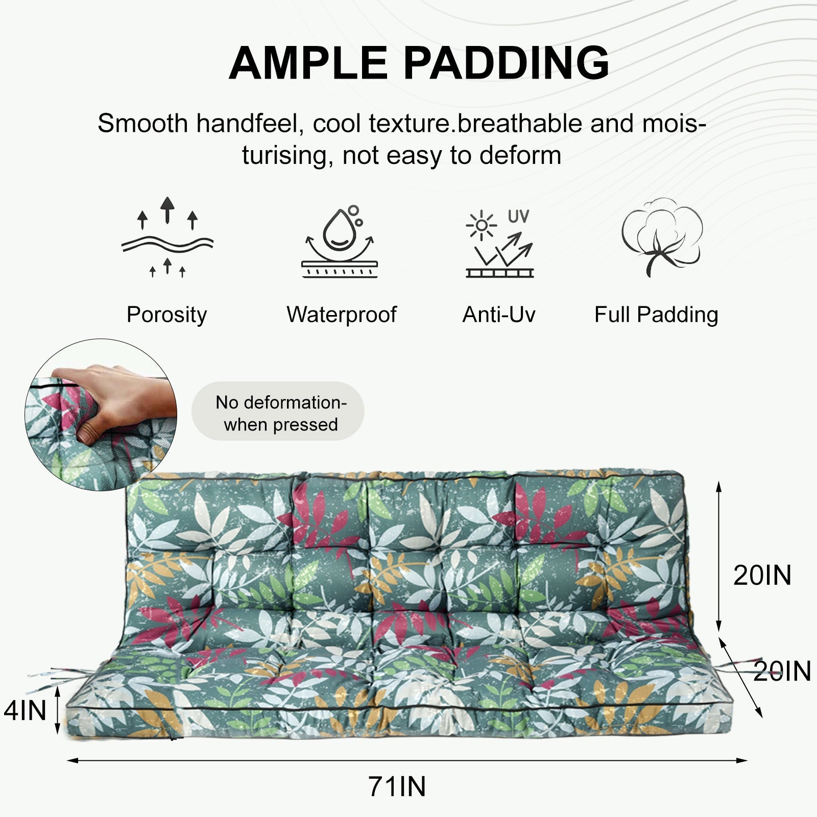 Waterproof Porch Swing Cushion 71 x 40 in 4 in Thick Bench Pad