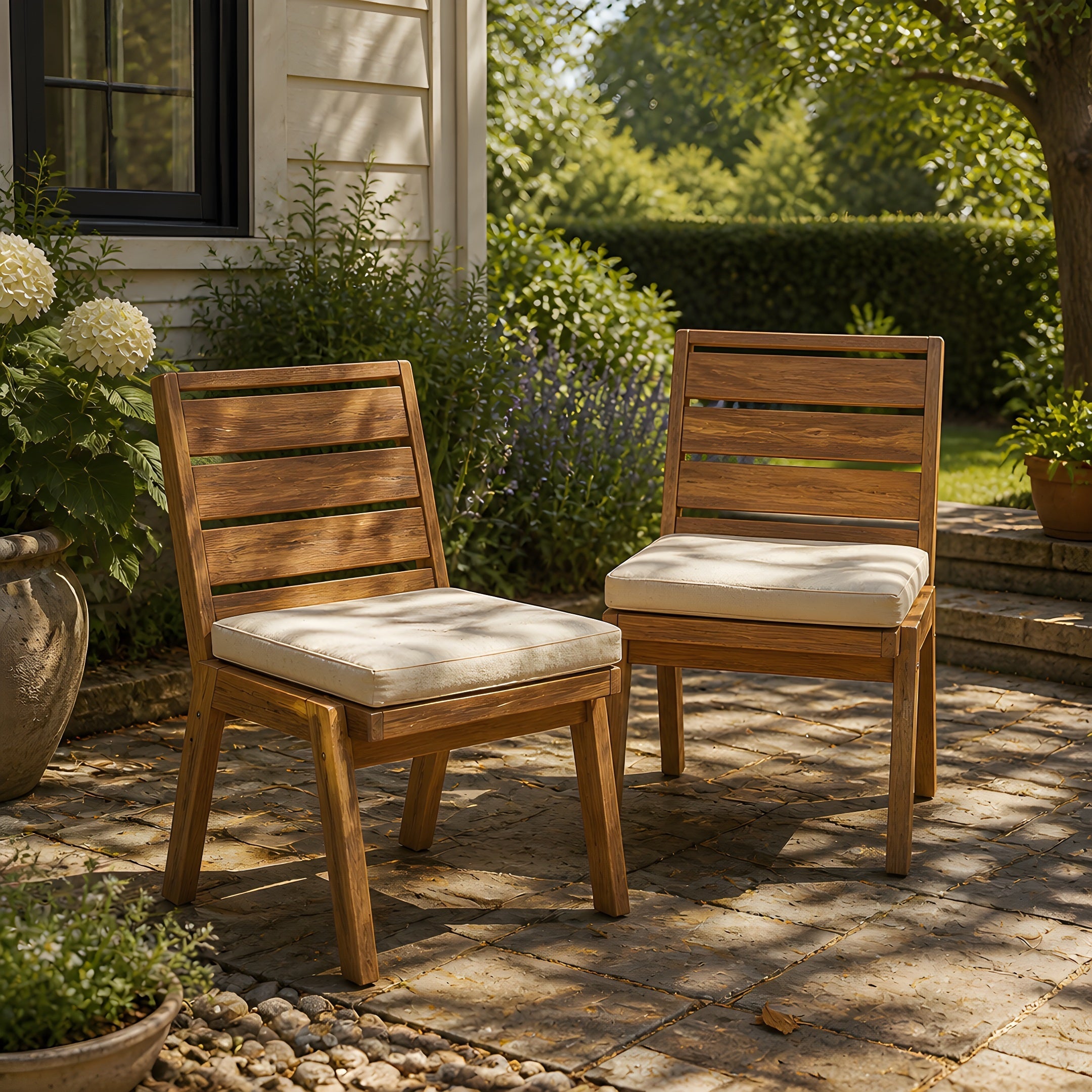 Outdoor Dining Chairs Set of 2 Acacia Wood Patio Beige Cushion