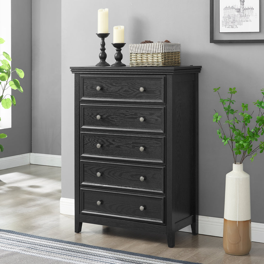 Black 5 Drawer Dresser Chest Cabinet Storage Organizer
